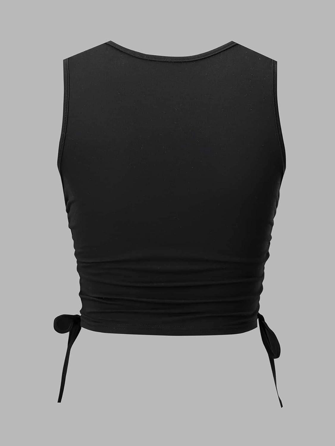 imageFloerns Womens Graphic Print Sleeveless Drawstring Ruched Crop Tank TopA Black