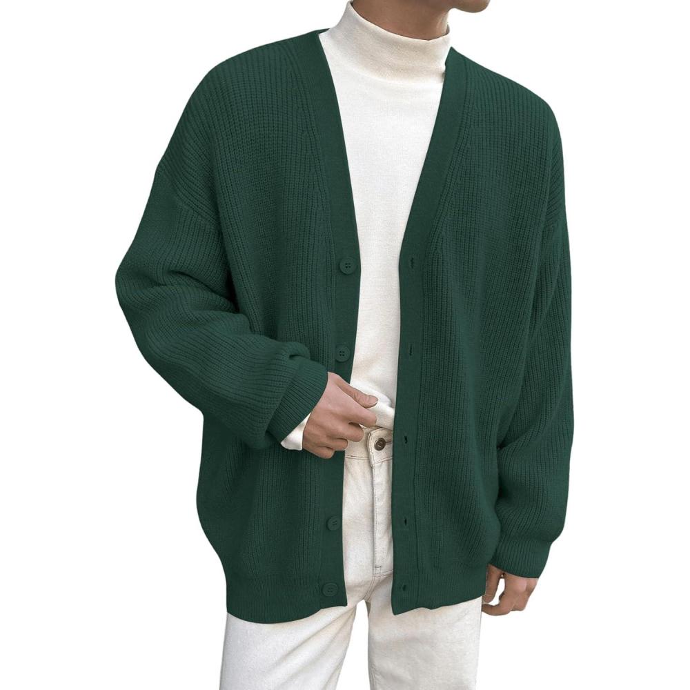 imageFloerns Mens Casual Long Sleeve Button Front V Neck Rib Knit Cardigan SweatersGreen