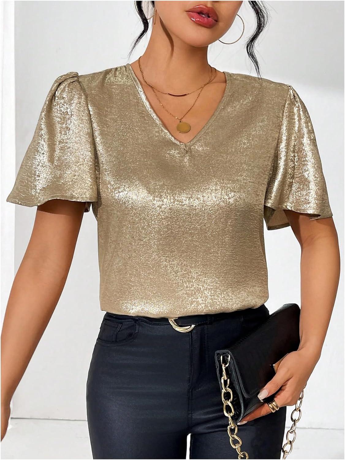 imageFloerns Womens Metallic Flounce Short Sleeve Shirts V Neck Party Blouse TopsGold