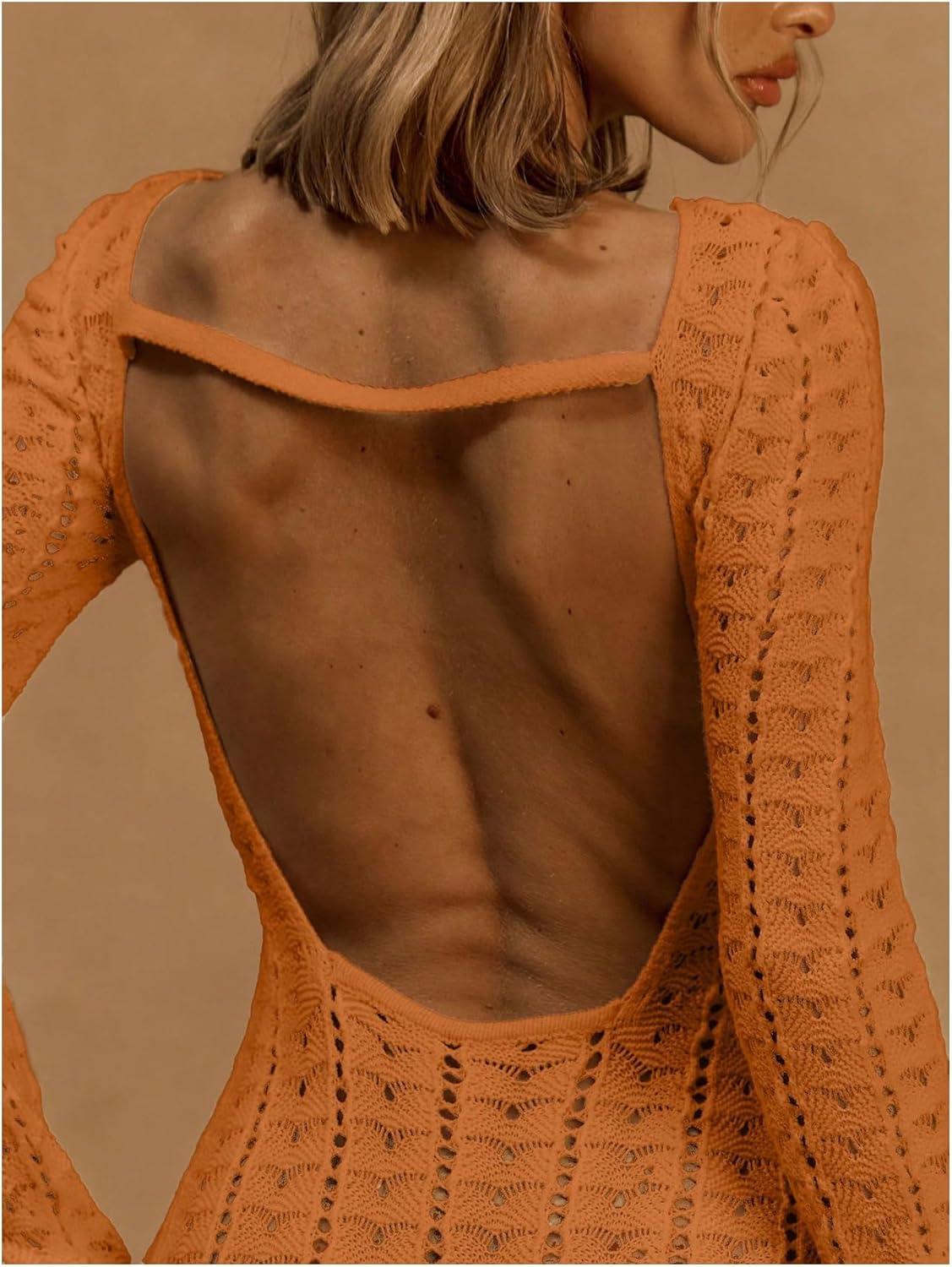 imageFloerns Womens Knit Sheer Backless Romper Long Sleeve Boat Neck Shorts JumpsuitBurnt Orange