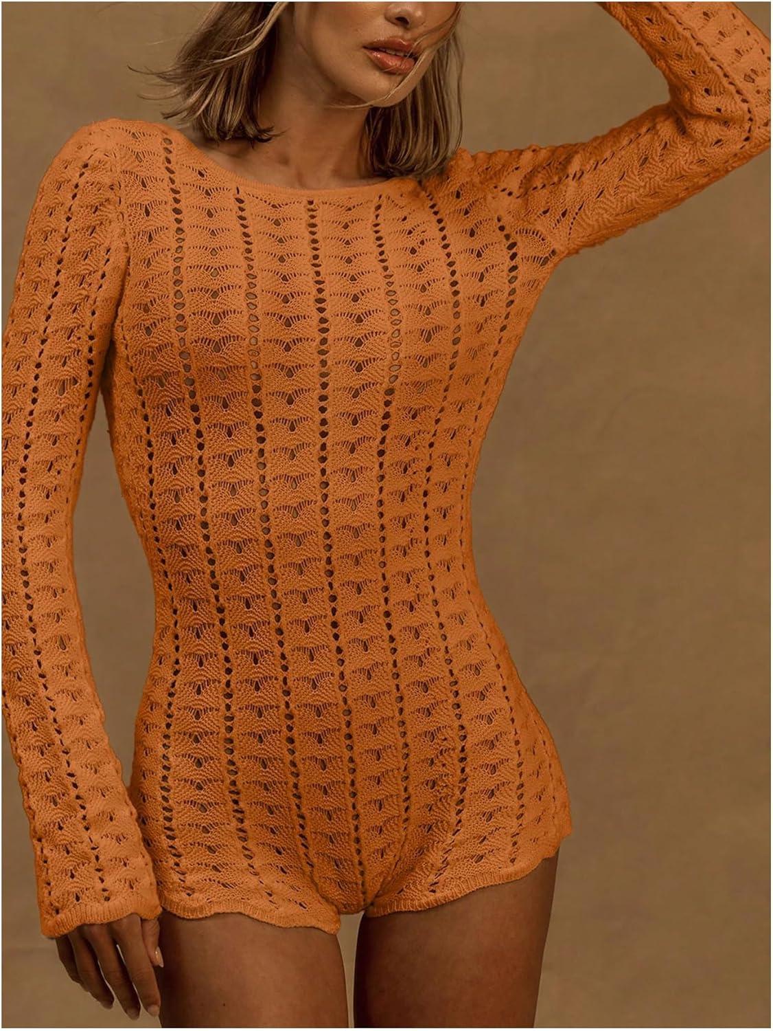 imageFloerns Womens Knit Sheer Backless Romper Long Sleeve Boat Neck Shorts JumpsuitBurnt Orange