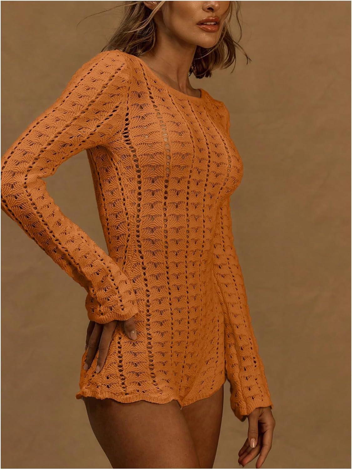 imageFloerns Womens Knit Sheer Backless Romper Long Sleeve Boat Neck Shorts JumpsuitBurnt Orange