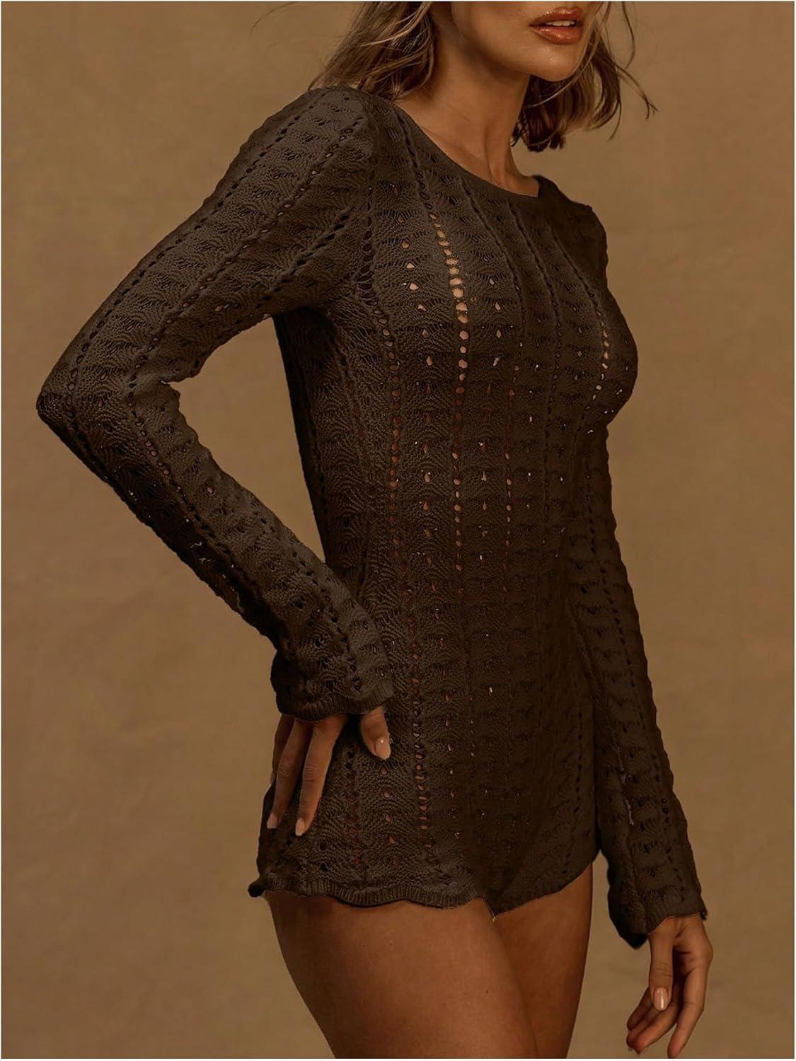imageFloerns Womens Knit Sheer Backless Romper Long Sleeve Boat Neck Shorts JumpsuitMocha Brown