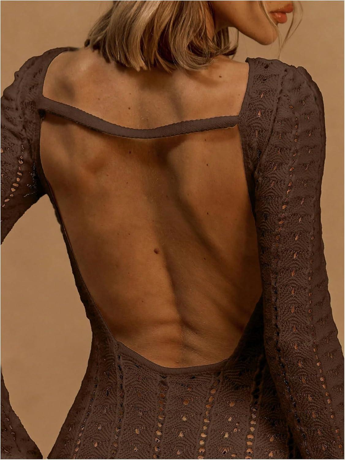 imageFloerns Womens Knit Sheer Backless Romper Long Sleeve Boat Neck Shorts JumpsuitMocha Brown