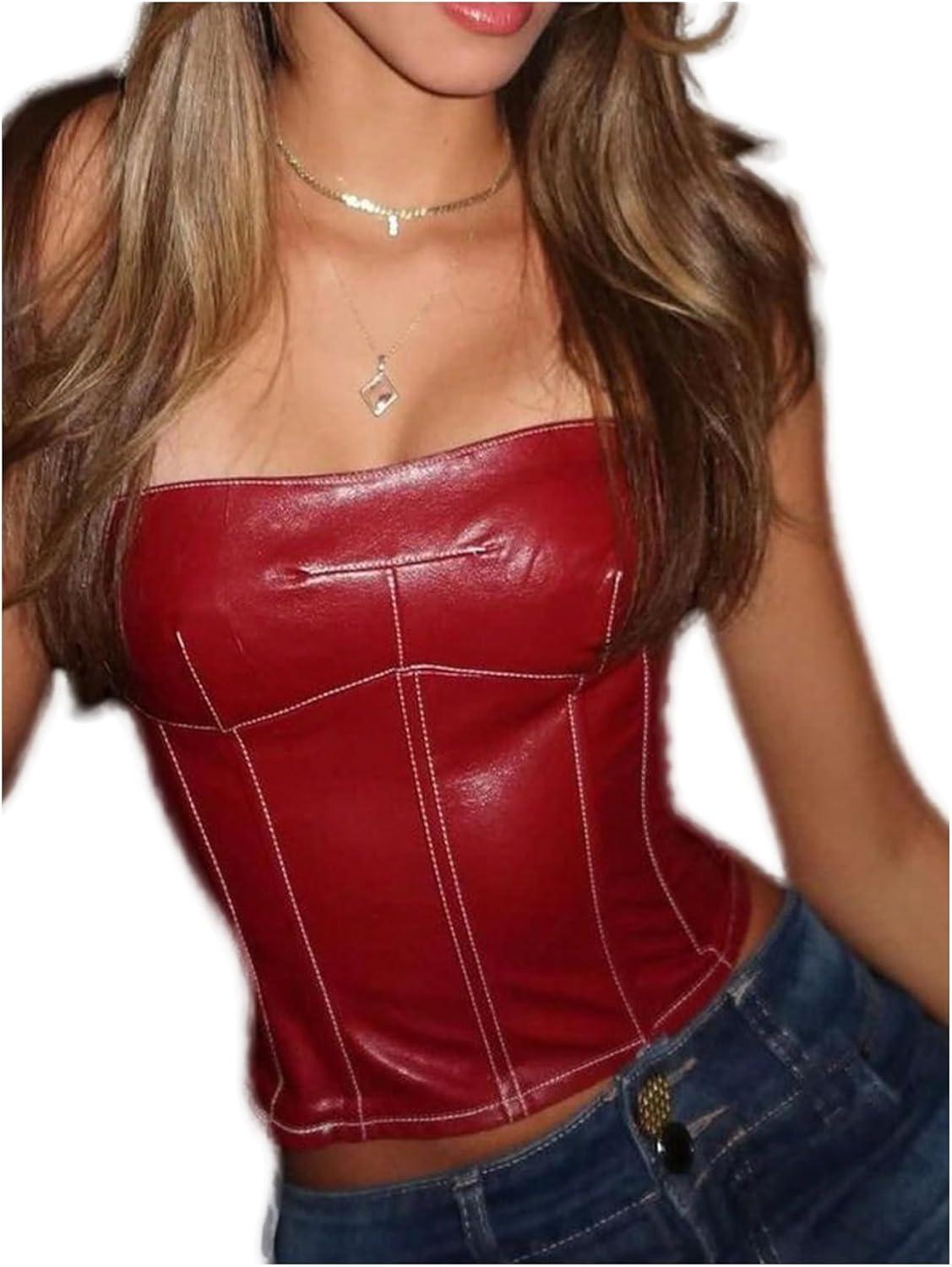 imageFloerns Womens Y2k Leather Corset Tops Lace Up Backless Tube Shapewear Going Out Party Festival Crop Tube TopsBurgundy