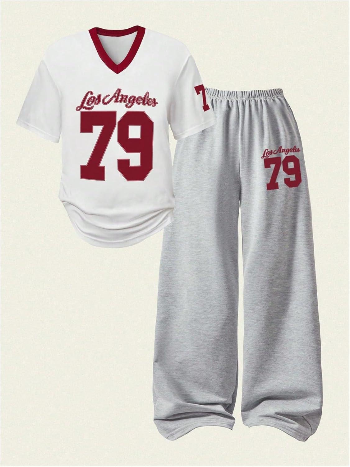 imageFloerns Girls 2 Piece Outfit Number Print Short Sleeve T Shirts Wide Leg Pants SetGrey and White