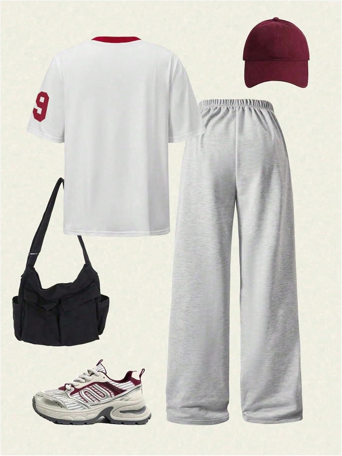 imageFloerns Girls 2 Piece Outfit Number Print Short Sleeve T Shirts Wide Leg Pants SetGrey and White
