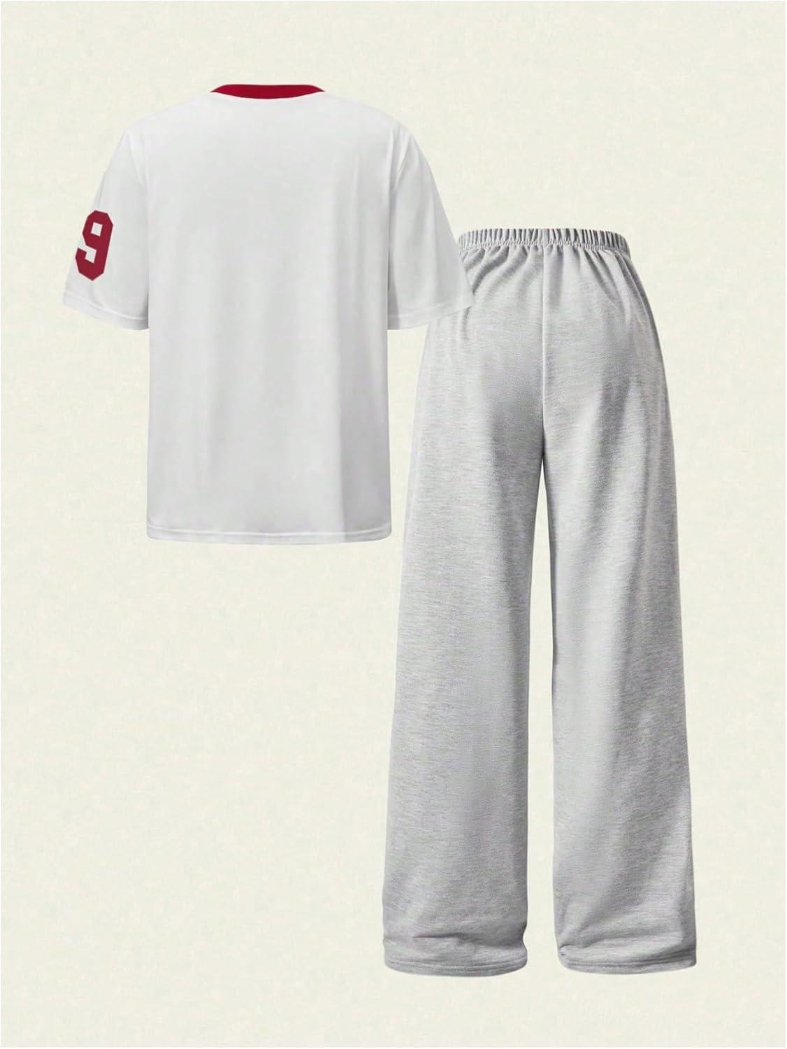 imageFloerns Girls 2 Piece Outfit Number Print Short Sleeve T Shirts Wide Leg Pants SetGrey and White