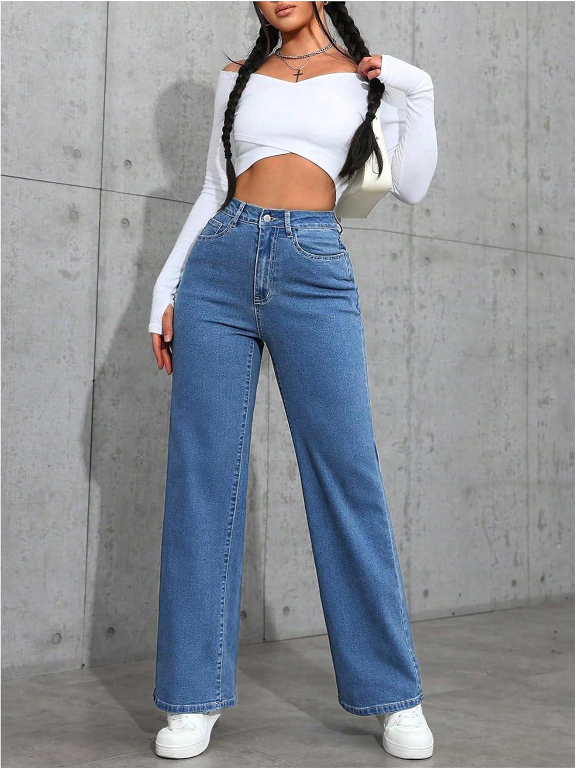 imageFloerns Womens Y2k Denim Pants High Waisted Straight Leg Stretchy Streetwear JeansMedium Wash
