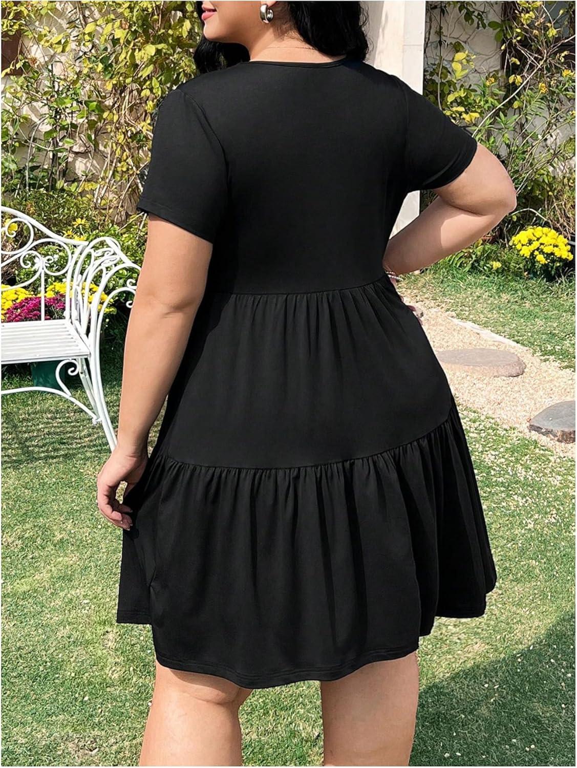 imageFloerns Womens Plus Size Short Sleeve Tiered Dress Crew Neck Smocked A Line DressesBlack