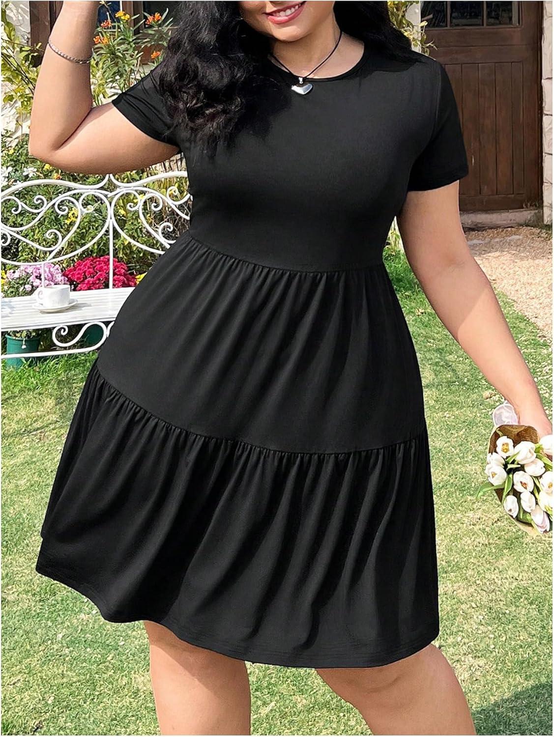 imageFloerns Womens Plus Size Short Sleeve Tiered Dress Crew Neck Smocked A Line DressesBlack