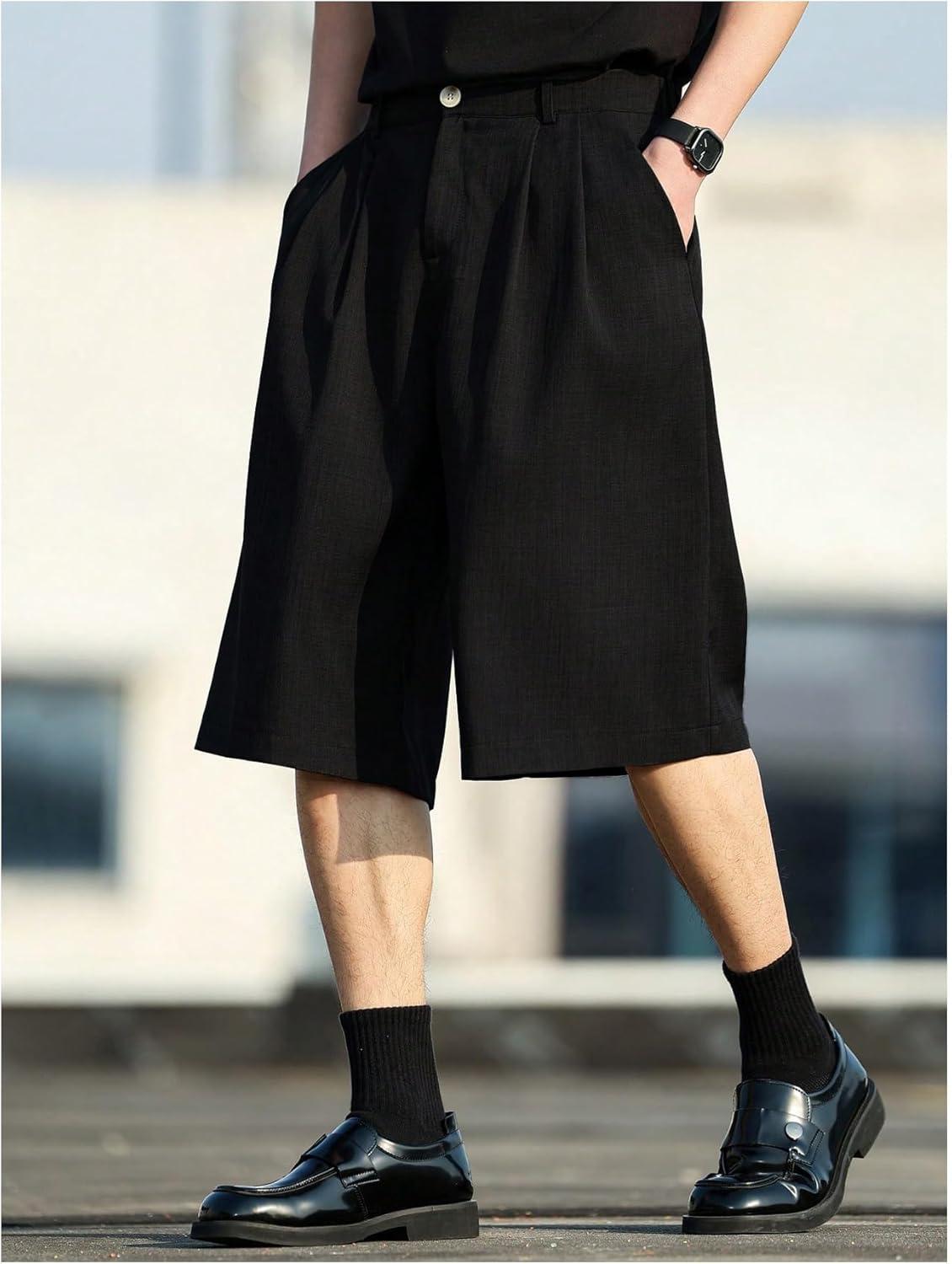 imageFloerns Mens Pleated Shorts Wide Leg Loose Fit Casual Bermuda Dress ShortsBlack