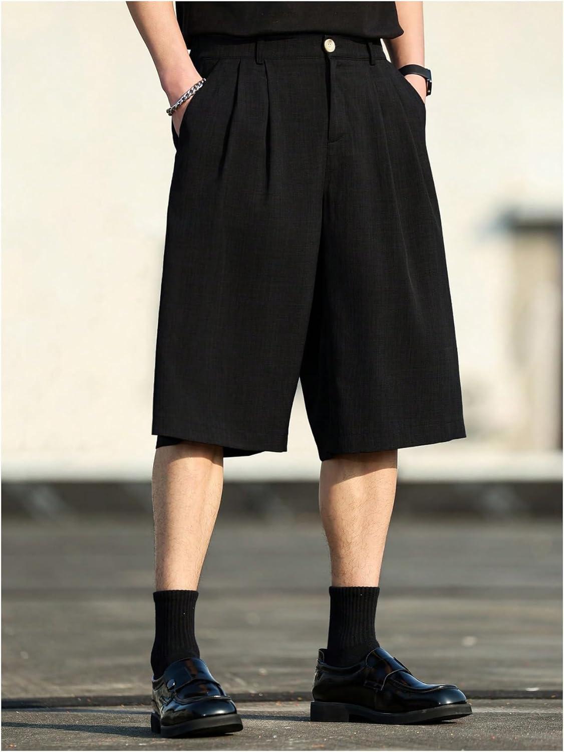 imageFloerns Mens Pleated Shorts Wide Leg Loose Fit Casual Bermuda Dress ShortsBlack