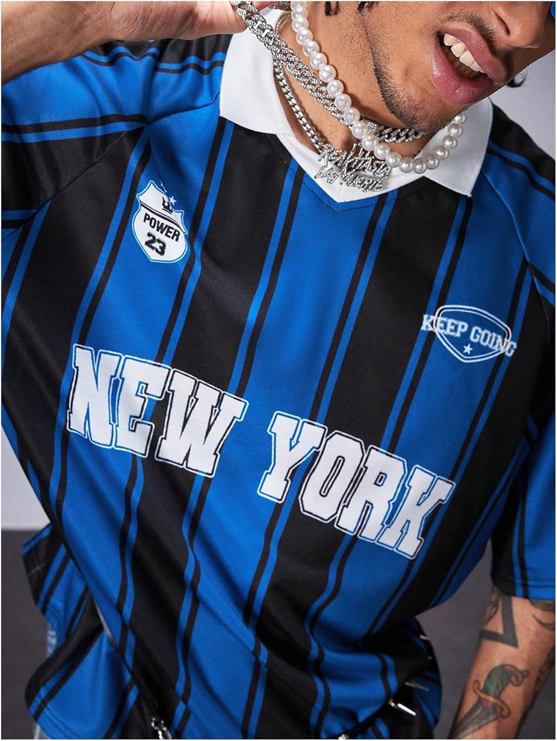 imageFloerns Mens Y2k Striped Shirts Half Sleeve Collar Graphic Streetwear TopsBlue