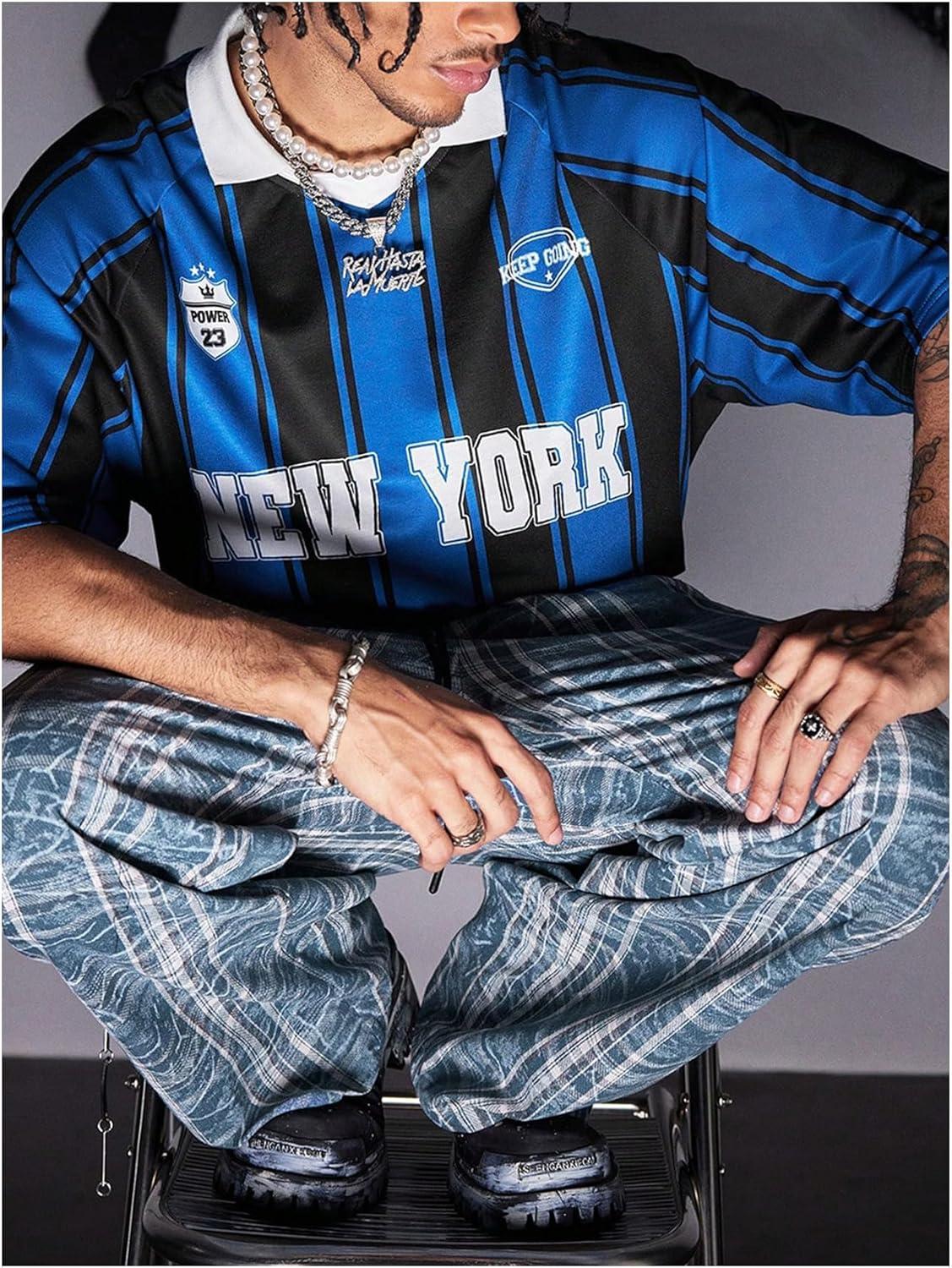 imageFloerns Mens Y2k Striped Shirts Half Sleeve Collar Graphic Streetwear TopsBlue