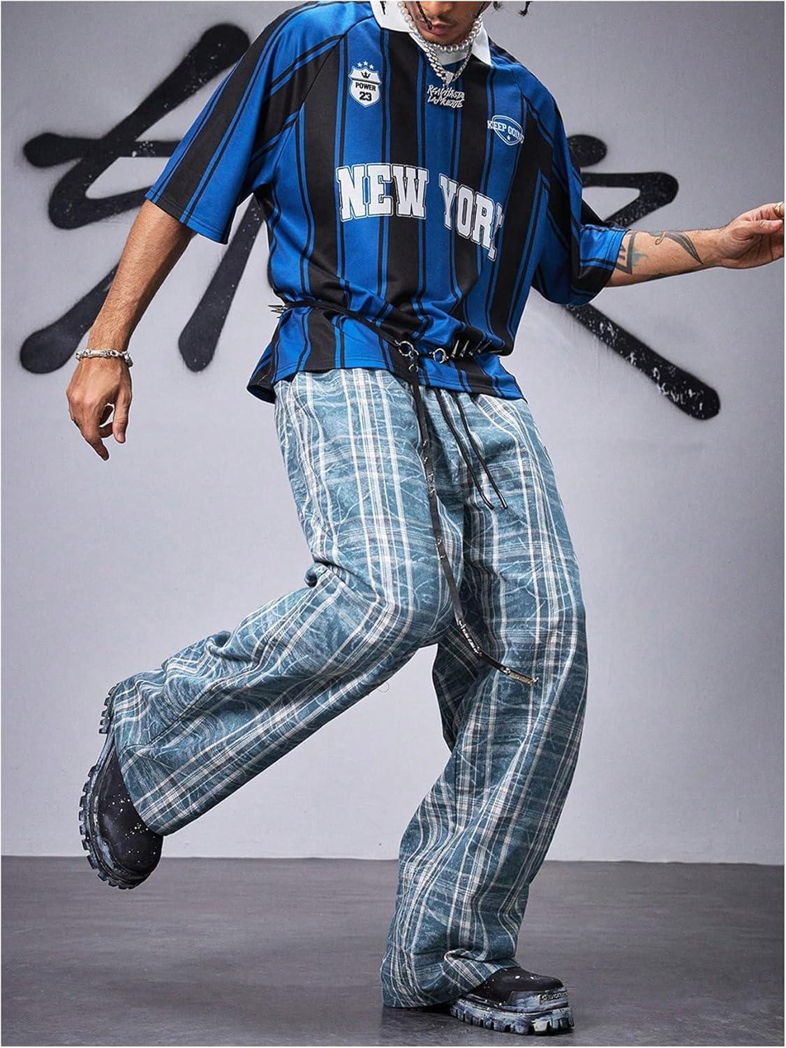 imageFloerns Mens Y2k Striped Shirts Half Sleeve Collar Graphic Streetwear TopsBlue