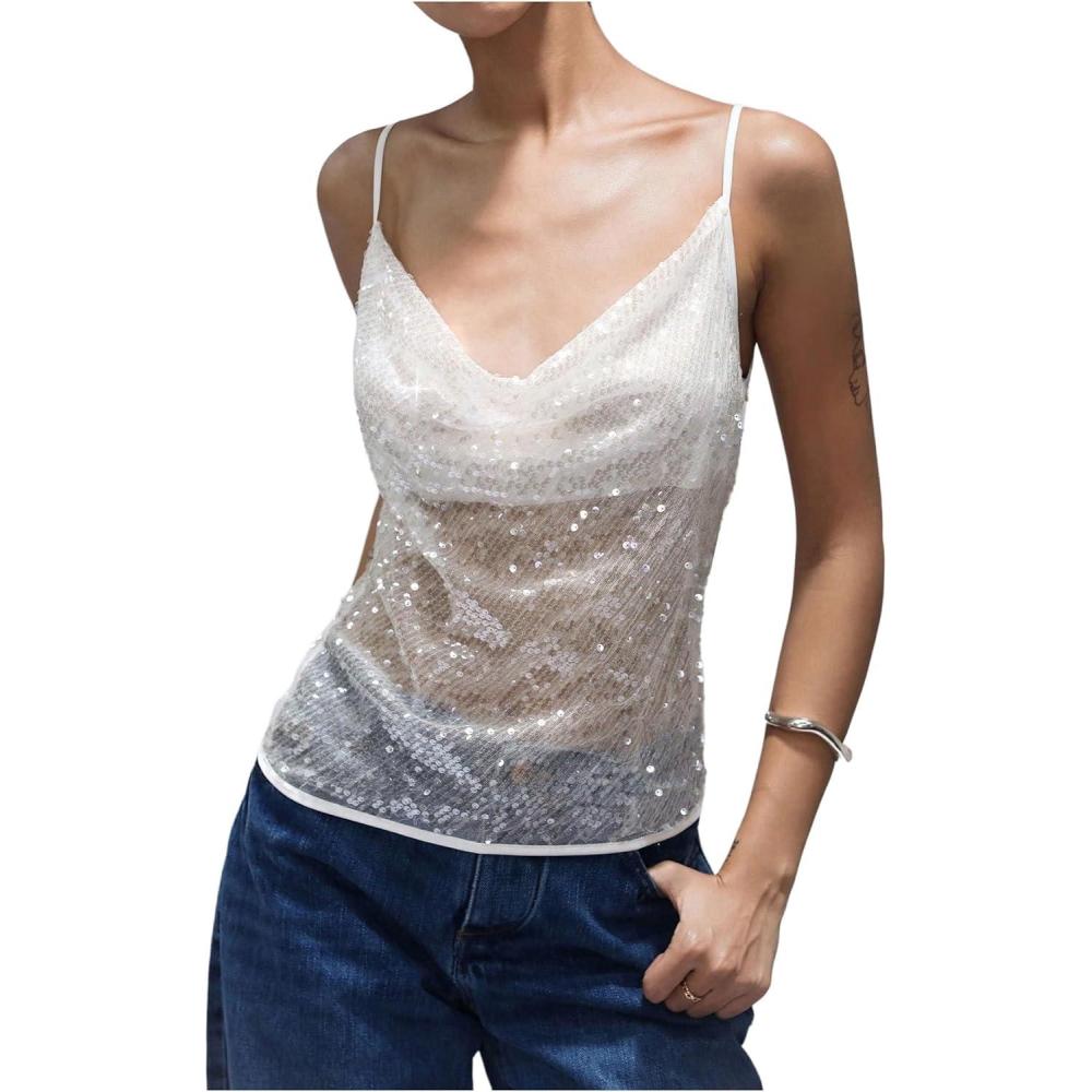 imageFloerns Womens Shiny Sequin Sleeveless Camisole Draped Sheer Mesh Party Cami TopWhite