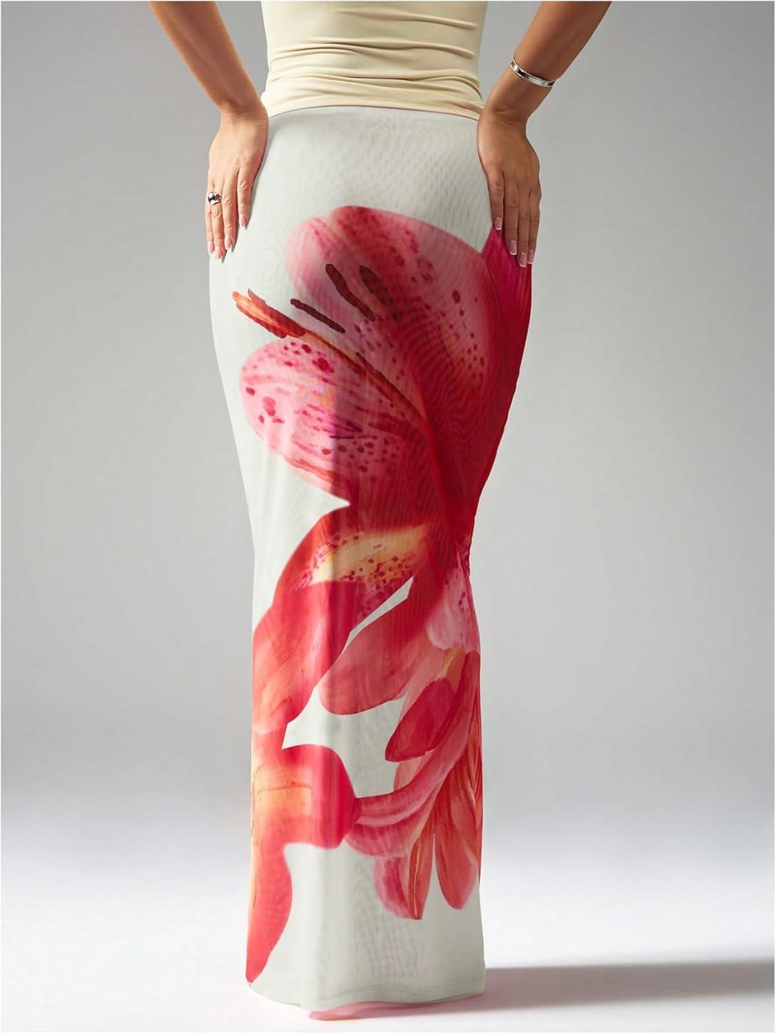 imageFloerns Womens Summer Floral Skirt Low Waist Fishtail Hem Beach Maxi SkirtsApricot