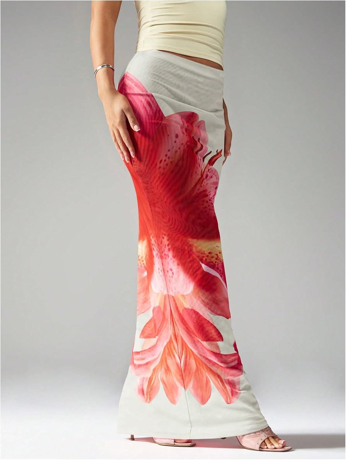 imageFloerns Womens Summer Floral Skirt Low Waist Fishtail Hem Beach Maxi SkirtsApricot