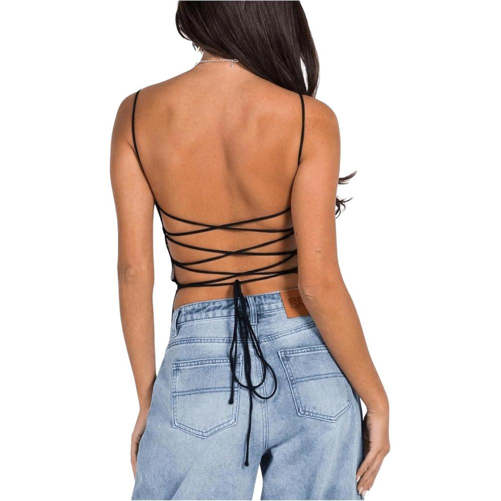 imageFloerns Womens Y2k Lace Up Backless Camisole Spaghetti Strap Street Cami Tank TopBlack
