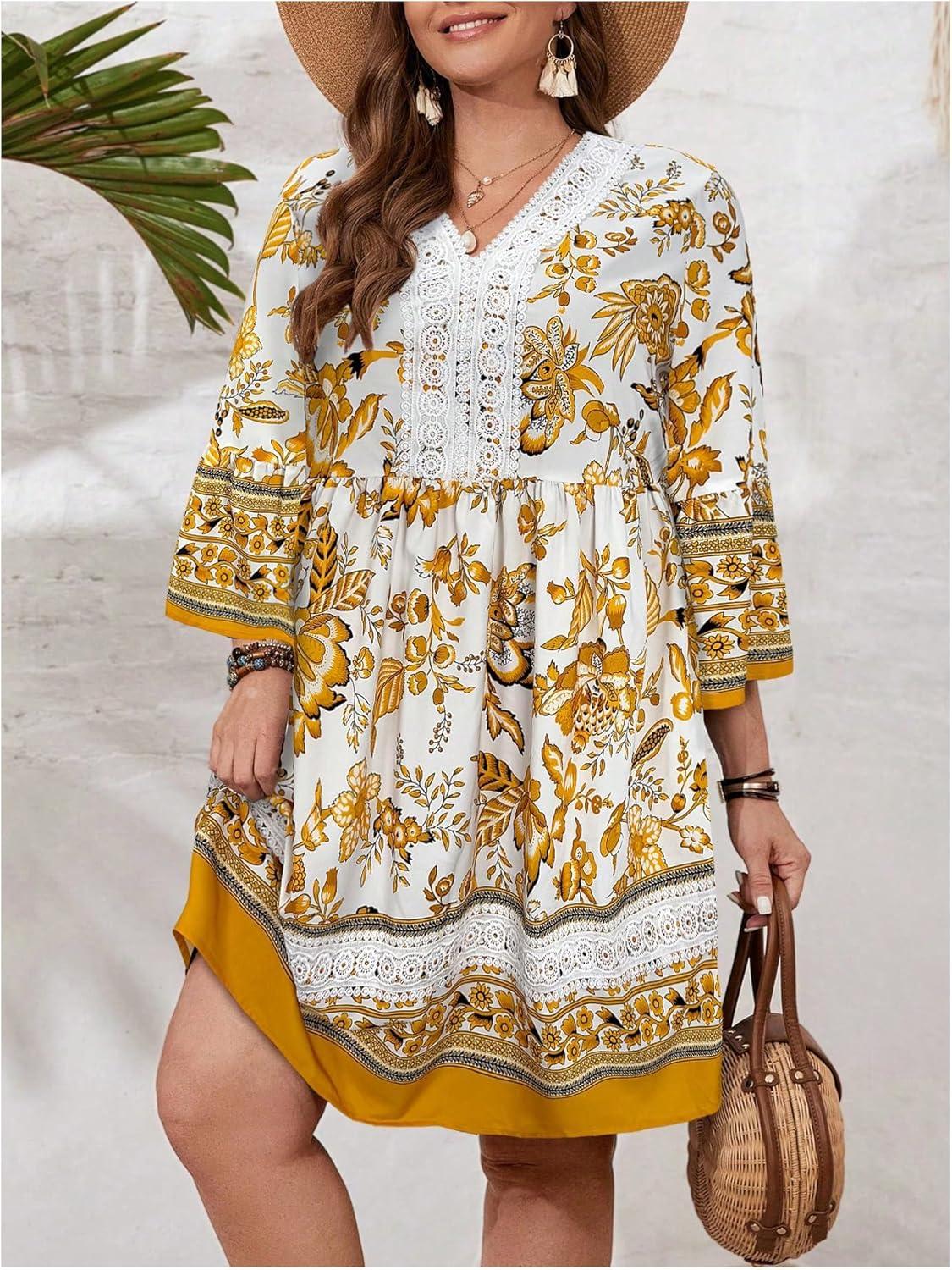 imageFloerns Womens Plus Size Floral 34 Sleeve Beach Dress Lace Trim V Neck Smocked DressesYellow