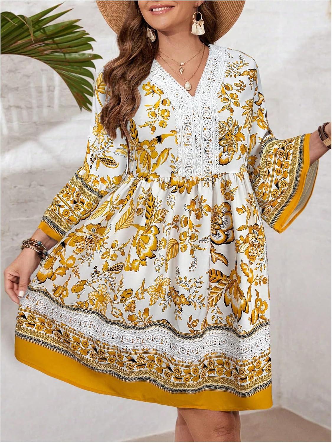 imageFloerns Womens Plus Size Floral 34 Sleeve Beach Dress Lace Trim V Neck Smocked DressesYellow