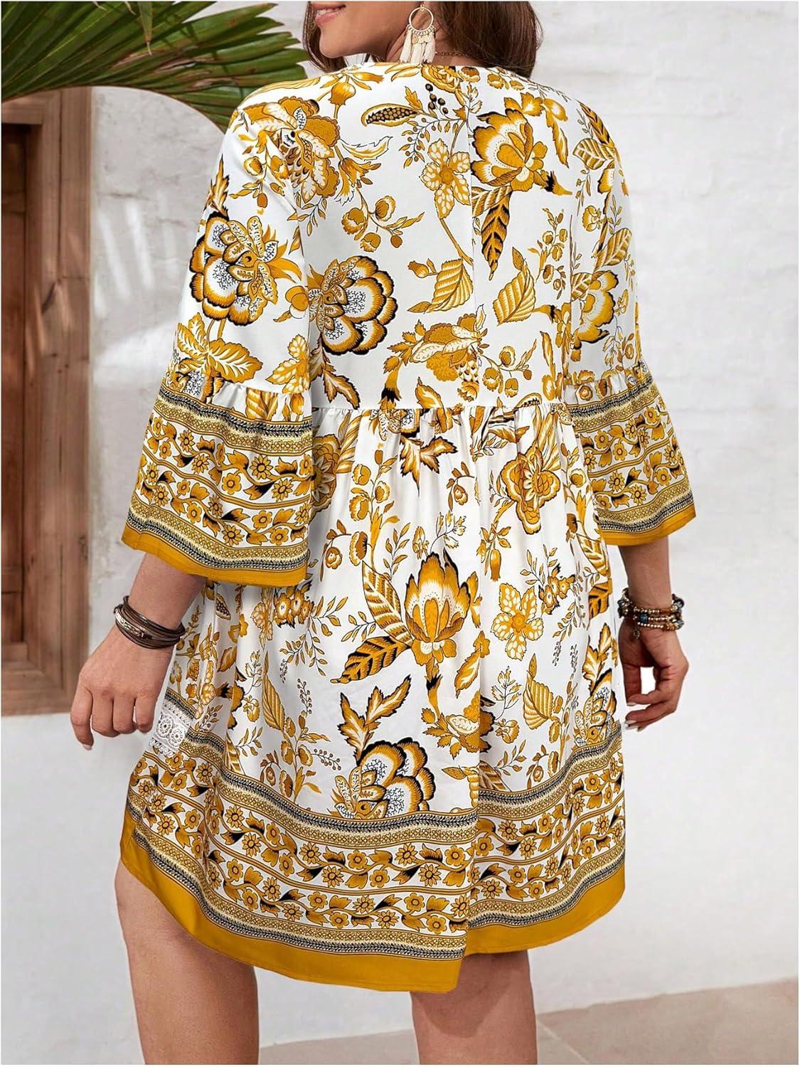 imageFloerns Womens Plus Size Floral 34 Sleeve Beach Dress Lace Trim V Neck Smocked DressesYellow