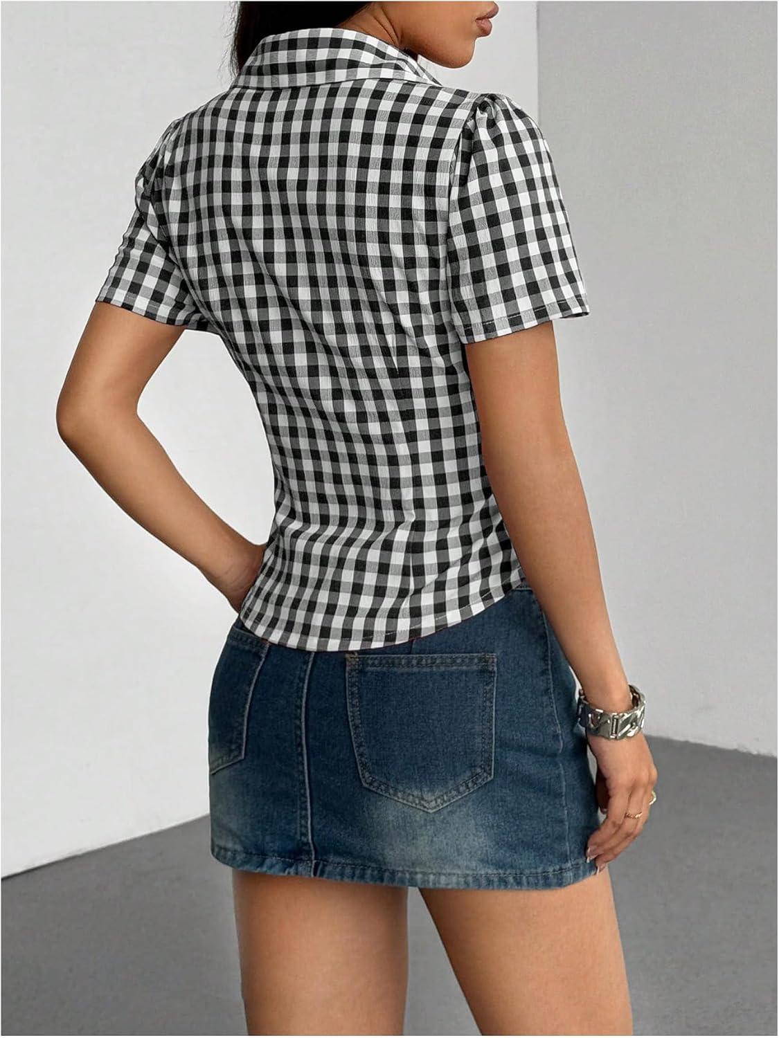 imageFloerns Womens Summer Blouse Tops Plaid Short Sleeve Button Up Vintage ShirtBlack