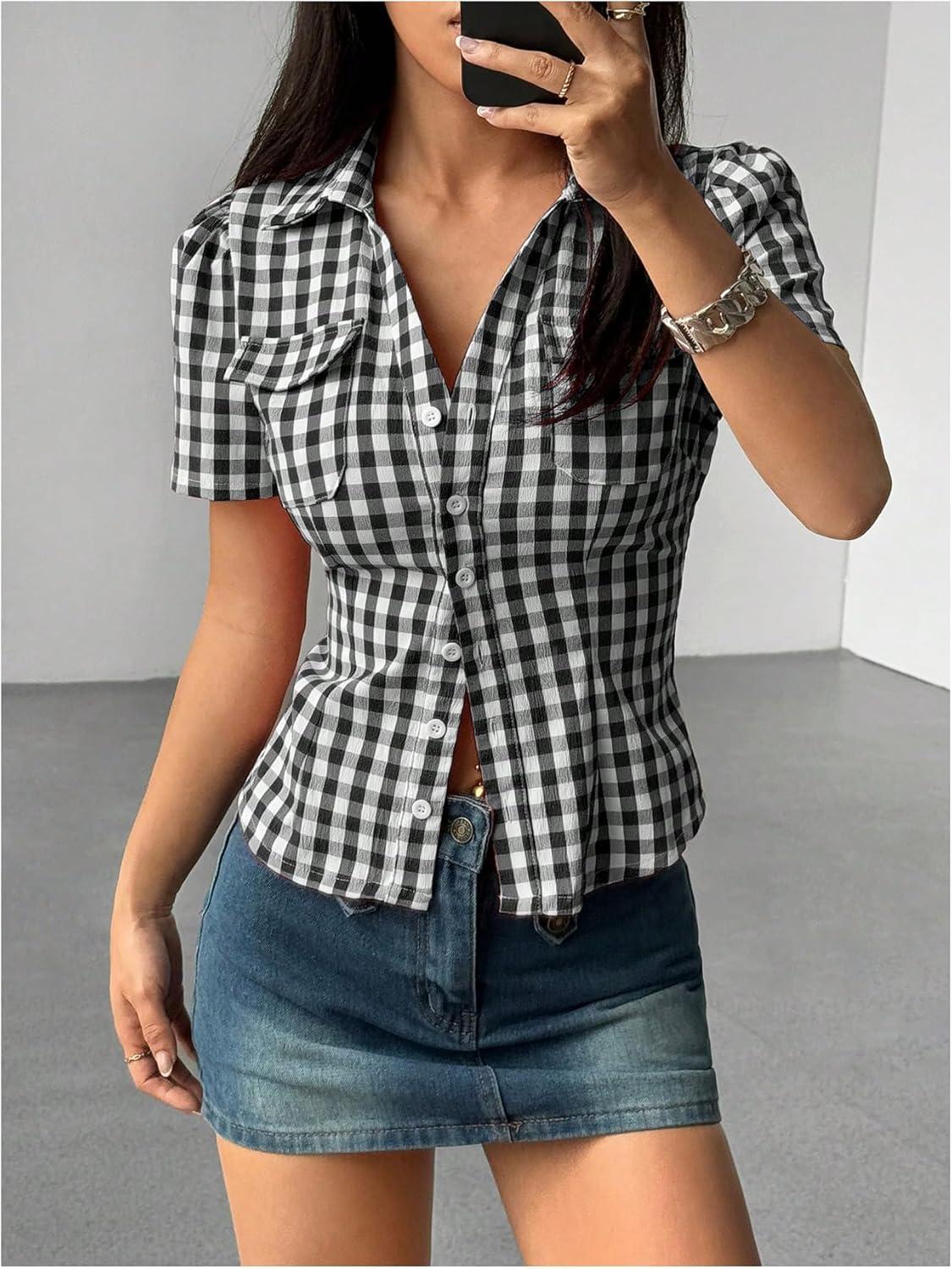 imageFloerns Womens Summer Blouse Tops Plaid Short Sleeve Button Up Vintage ShirtBlack