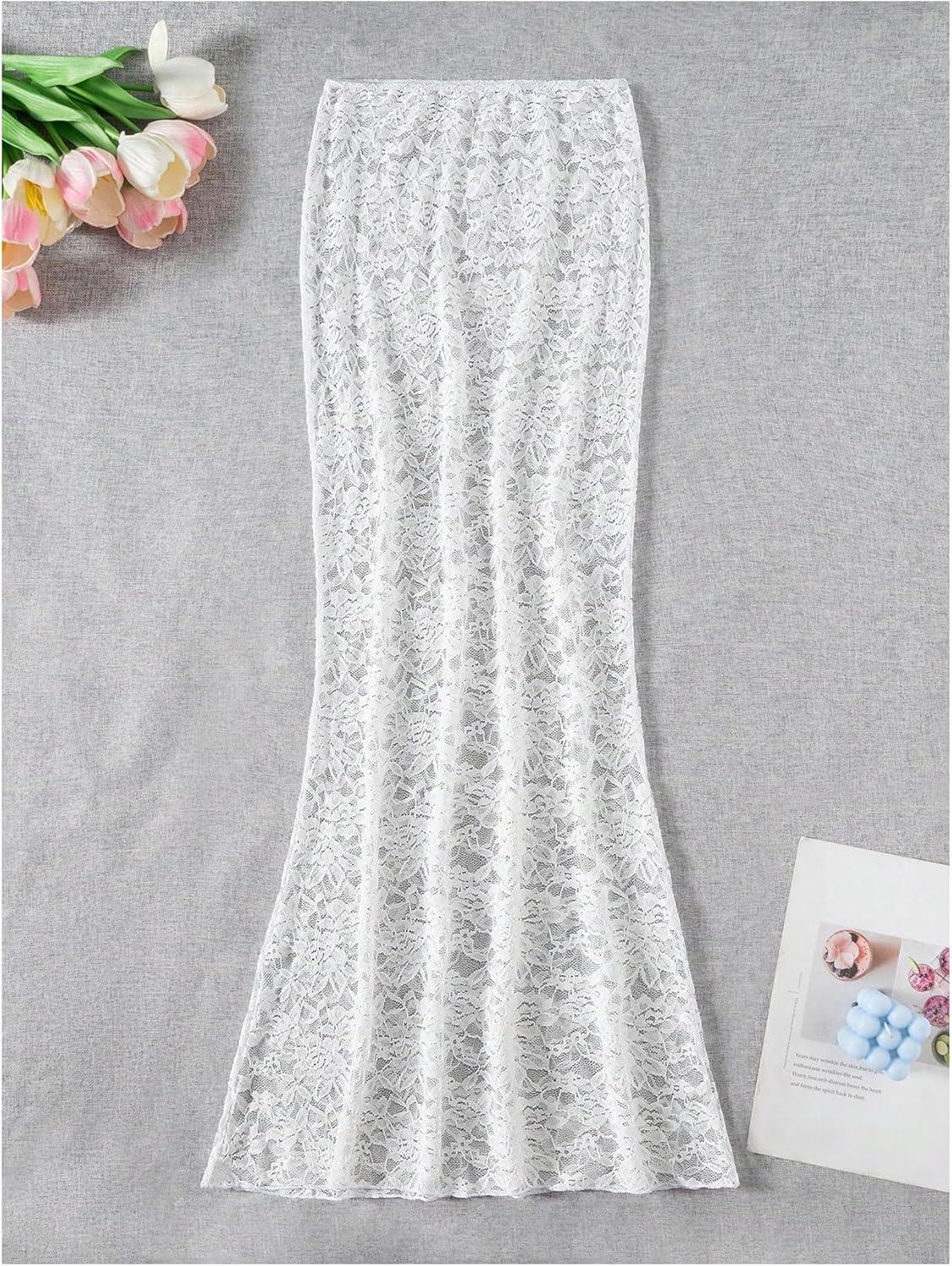 imageFloerns Womens Beach Cover Ups Floral Lace See Through Bodycon Swimsuit Maxi SkirtWhite