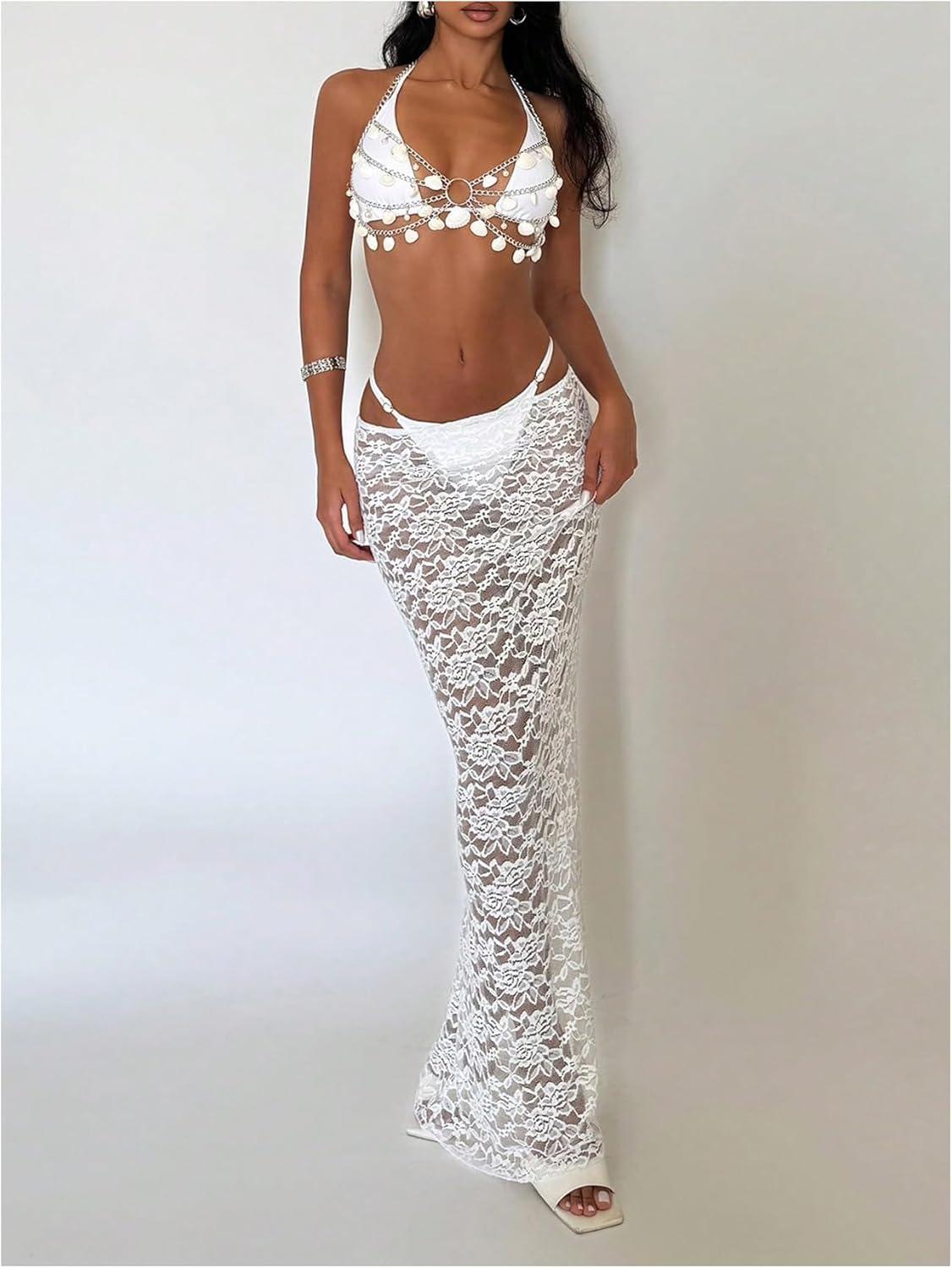 imageFloerns Womens Beach Cover Ups Floral Lace See Through Bodycon Swimsuit Maxi SkirtWhite