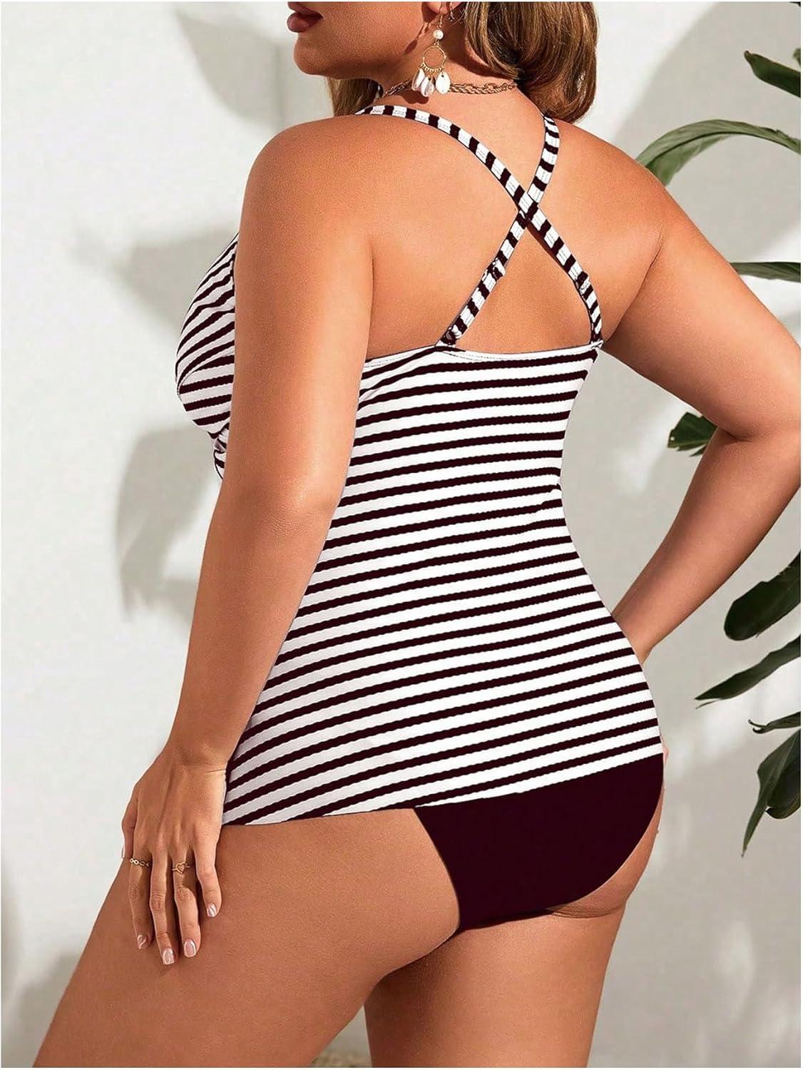 imageFloerns Womens Plus Size Striped Tankini Swimsuit Twist High Waisted 2 Piece Bathing SuitBrown