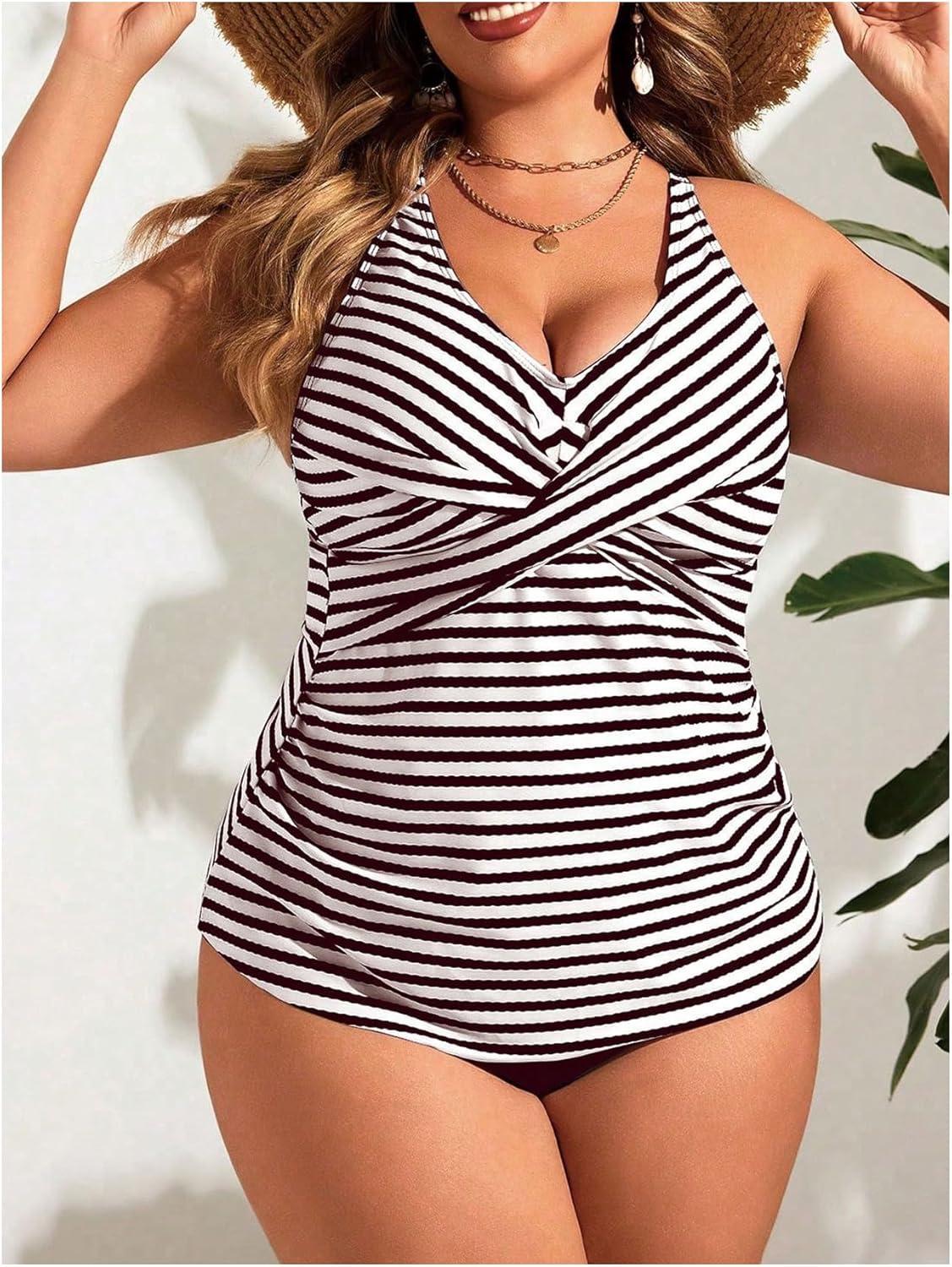 imageFloerns Womens Plus Size Striped Tankini Swimsuit Twist High Waisted 2 Piece Bathing SuitBrown