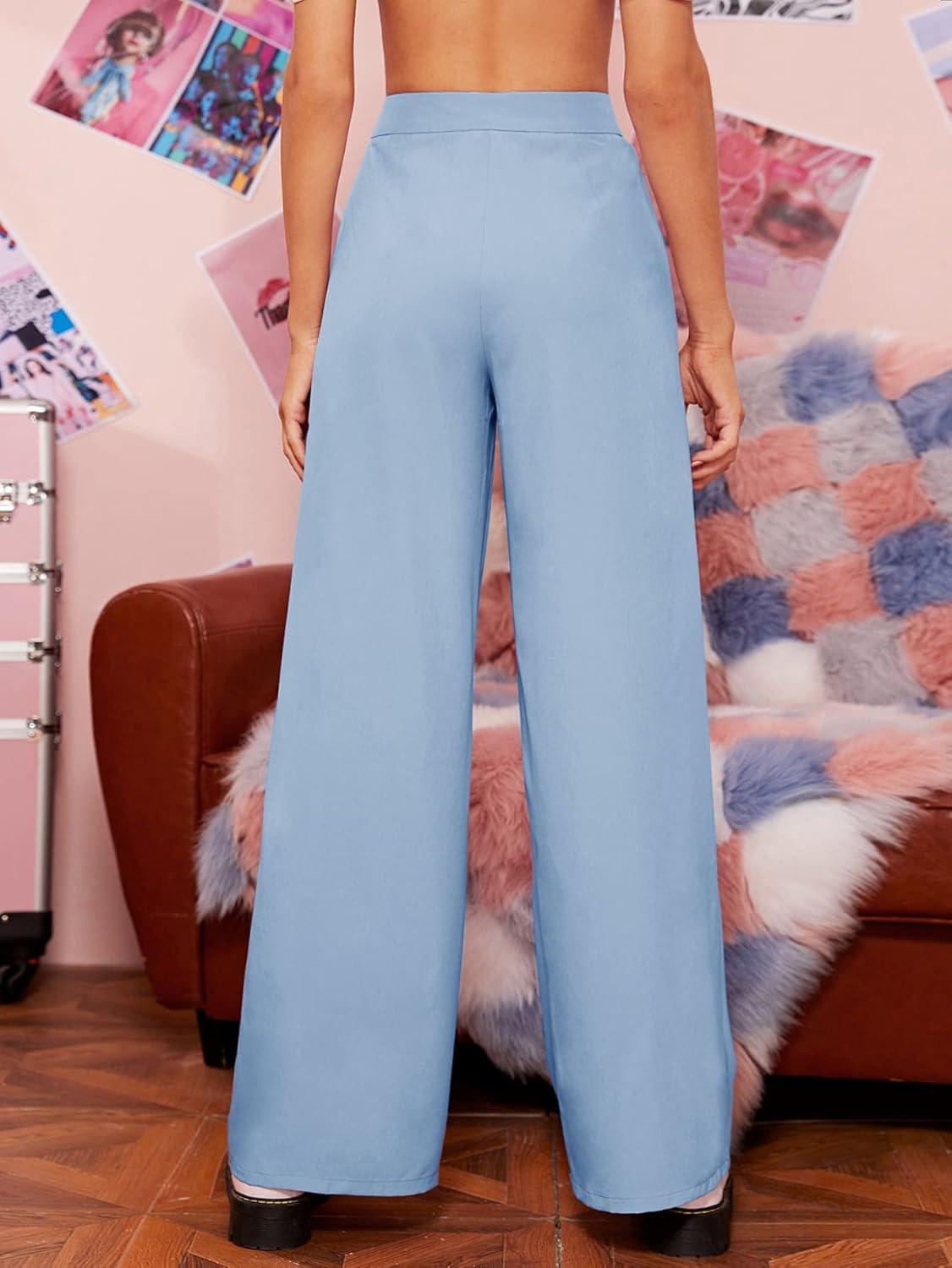 imageFloerns Womens Casual High Waisted Pleated Wide Leg Palazzo Pants TrousersLight Blue