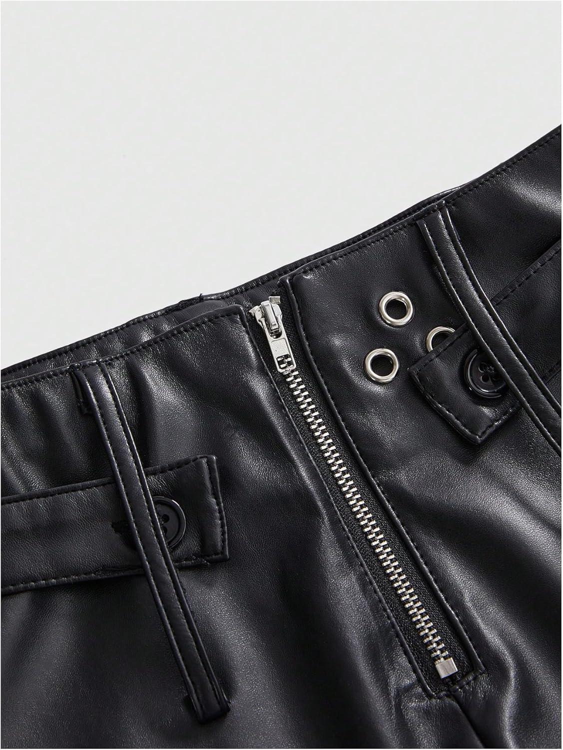 imageFloerns Womens Goth Leather Shorts Low Rise Straight Leg Rave Outfit Party Mini ShortsBlack