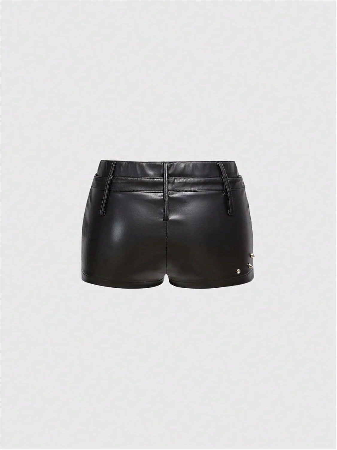 imageFloerns Womens Goth Leather Shorts Low Rise Straight Leg Rave Outfit Party Mini ShortsBlack