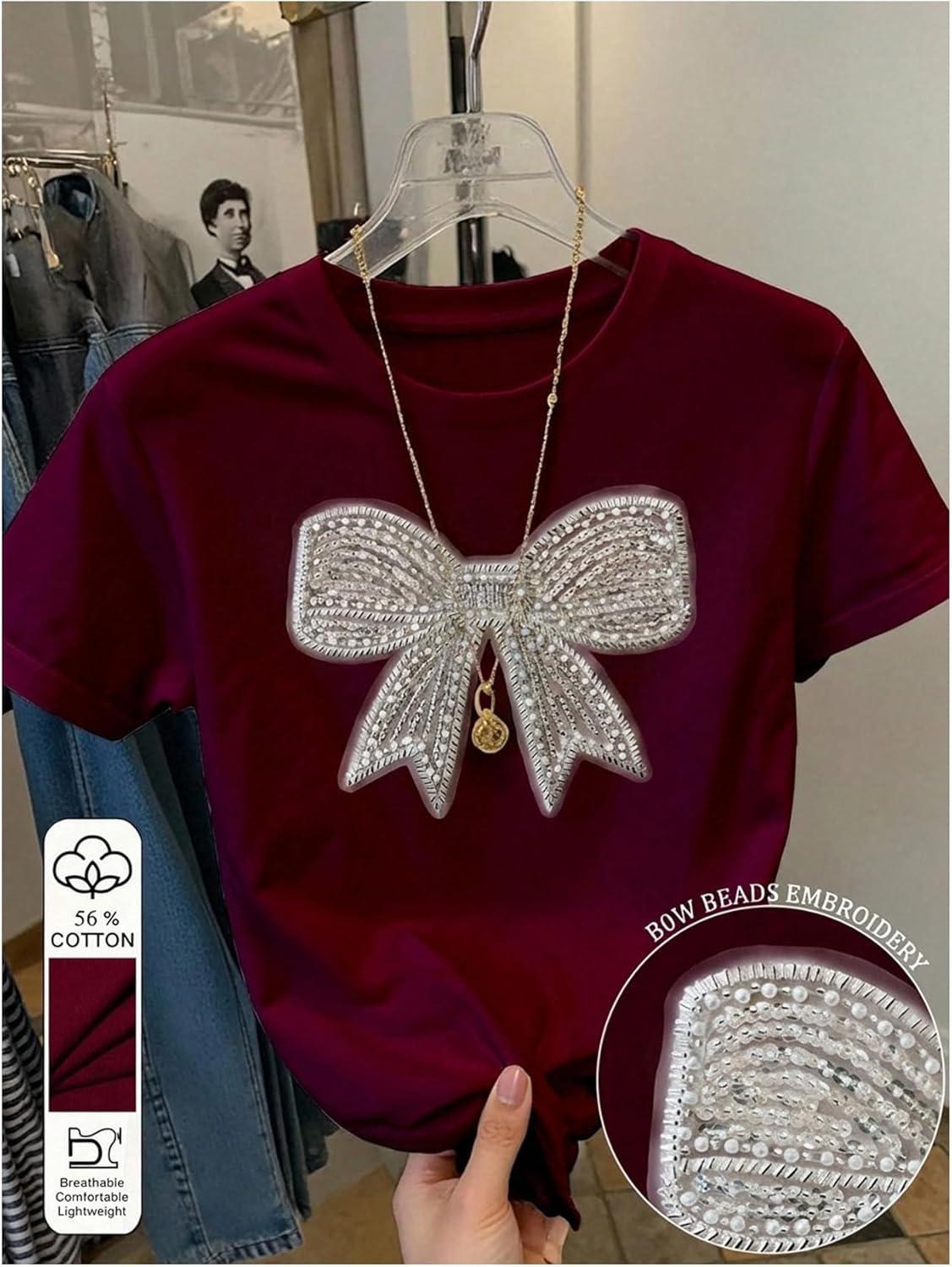imageFloerns Womens Cute Short Sleeve T Shirts Bowknot Sequin Crew Neck Going Out Tee TopsPearl