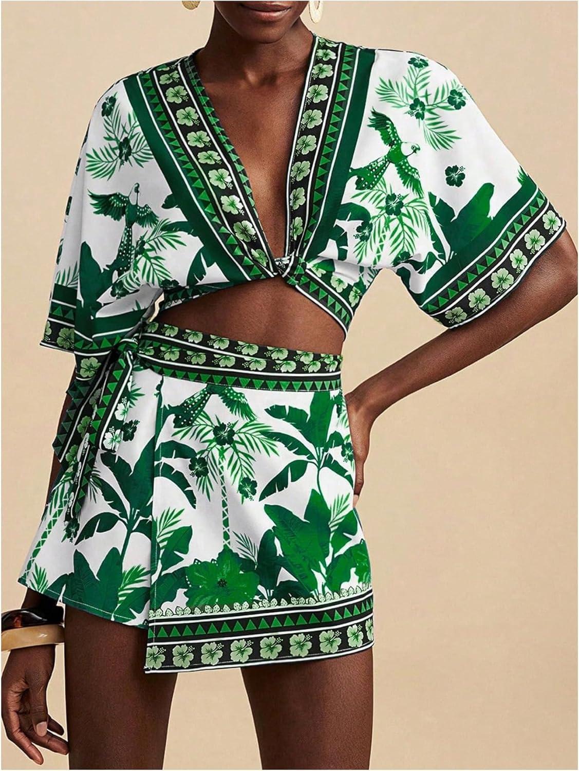 imageFloerns Womens 2 Piece Beach Vacation Outfit Tropical Crop Tops and Tie Side Skorts SetGreen