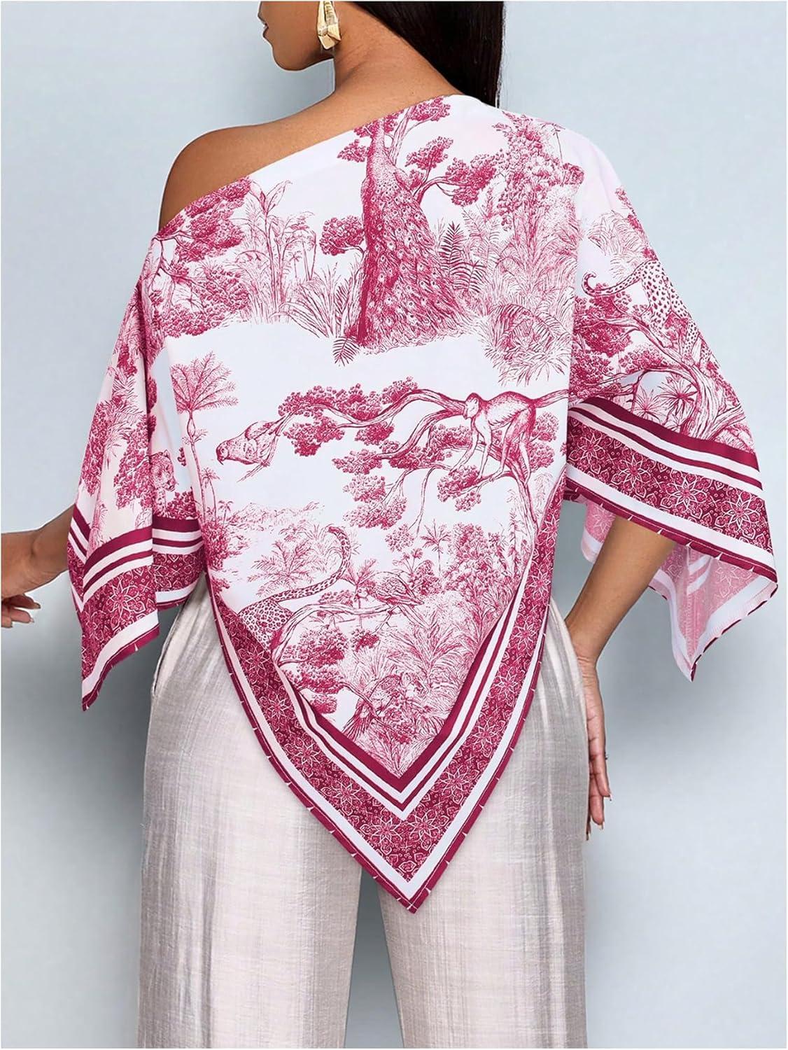 imageFloerns Womens Elegant Graphic Off The Shoulder Tops Hanky Hem Summer Dressy Casual BlousesBurgundy