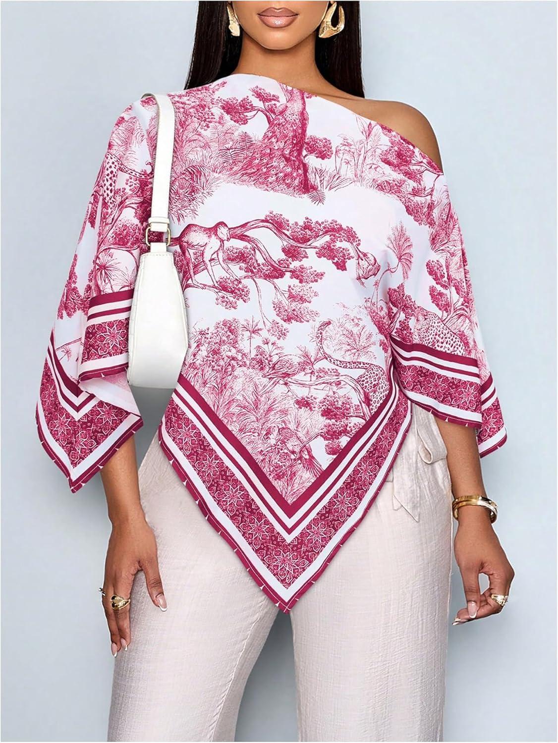 imageFloerns Womens Elegant Graphic Off The Shoulder Tops Hanky Hem Summer Dressy Casual BlousesBurgundy