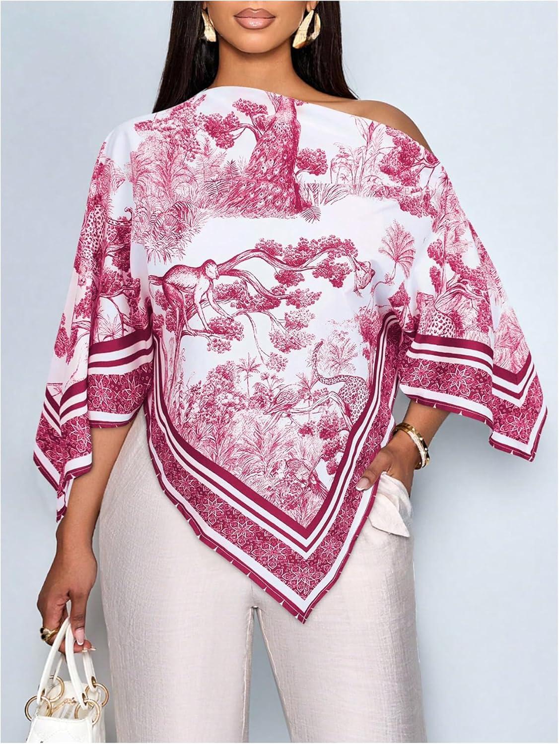 imageFloerns Womens Elegant Graphic Off The Shoulder Tops Hanky Hem Summer Dressy Casual BlousesBurgundy