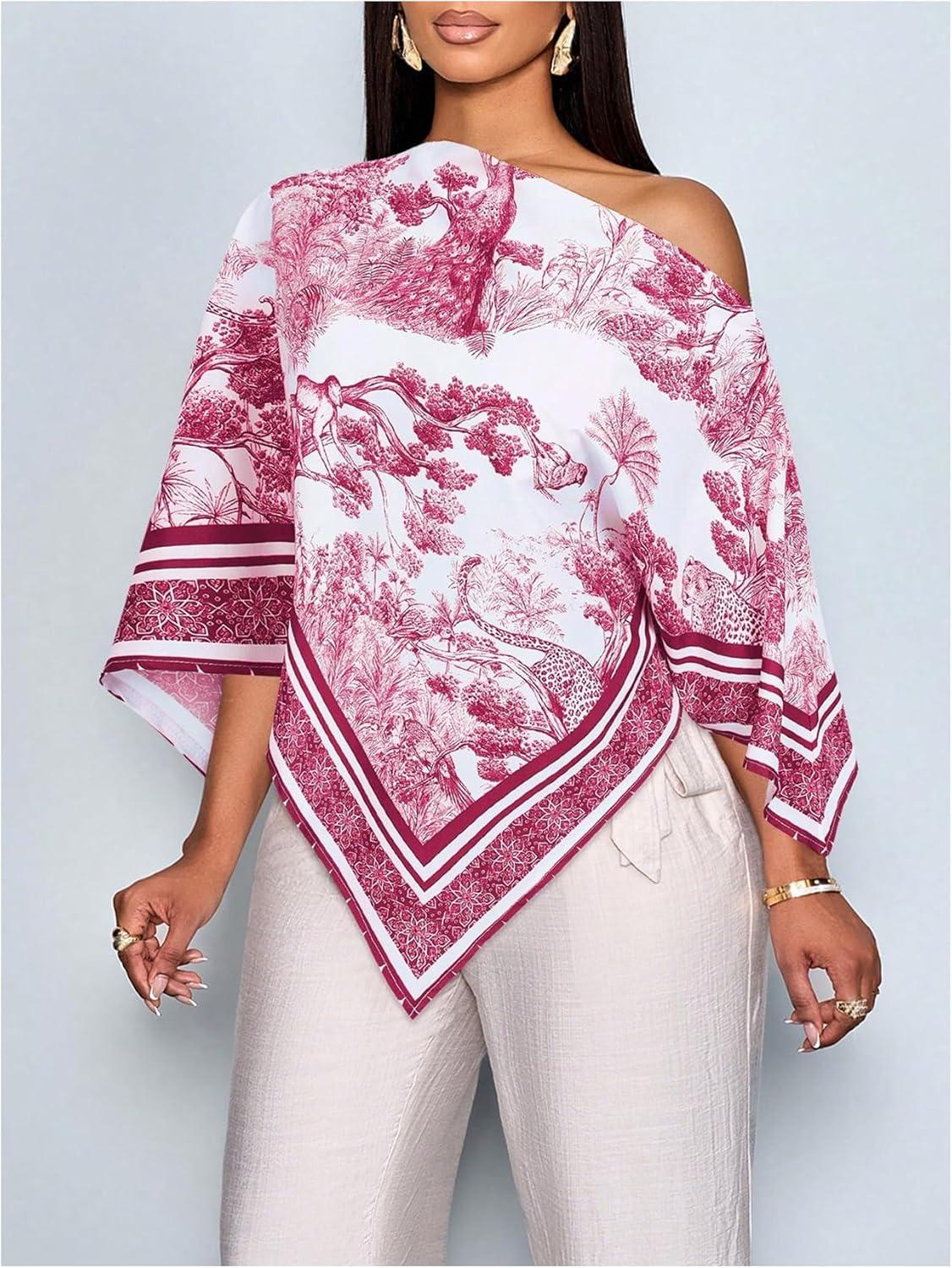 imageFloerns Womens Elegant Graphic Off The Shoulder Tops Hanky Hem Summer Dressy Casual BlousesBurgundy