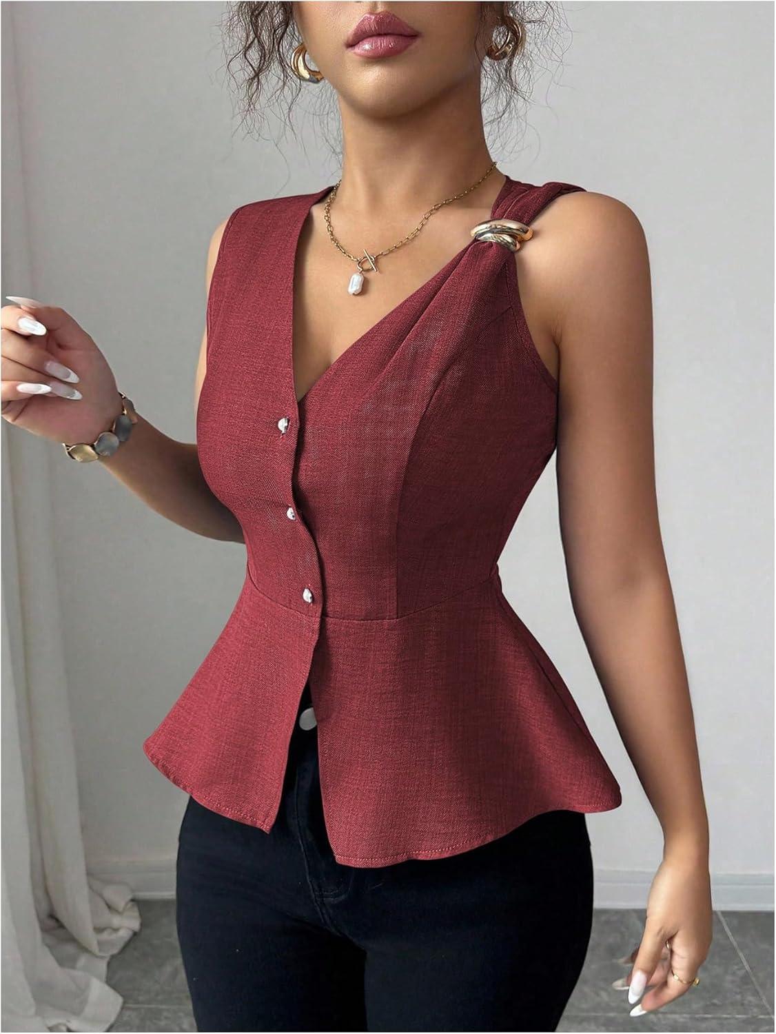 imageFloerns Womens Elegant V Neck Sleeveless Blouses Button Down Business Casual Peplum TopsBurgundy