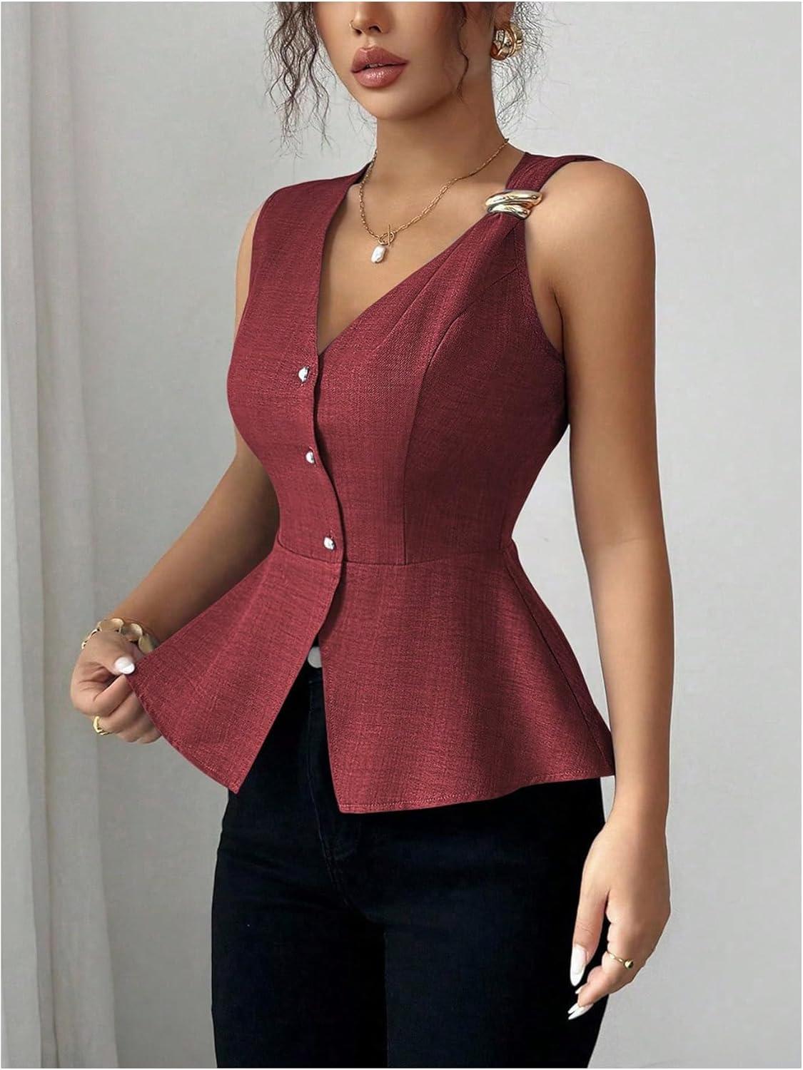 imageFloerns Womens Elegant V Neck Sleeveless Blouses Button Down Business Casual Peplum TopsBurgundy