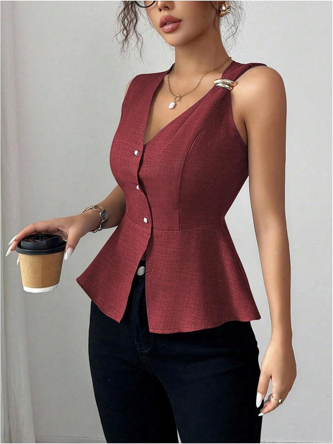 imageFloerns Womens Elegant V Neck Sleeveless Blouses Button Down Business Casual Peplum TopsBurgundy