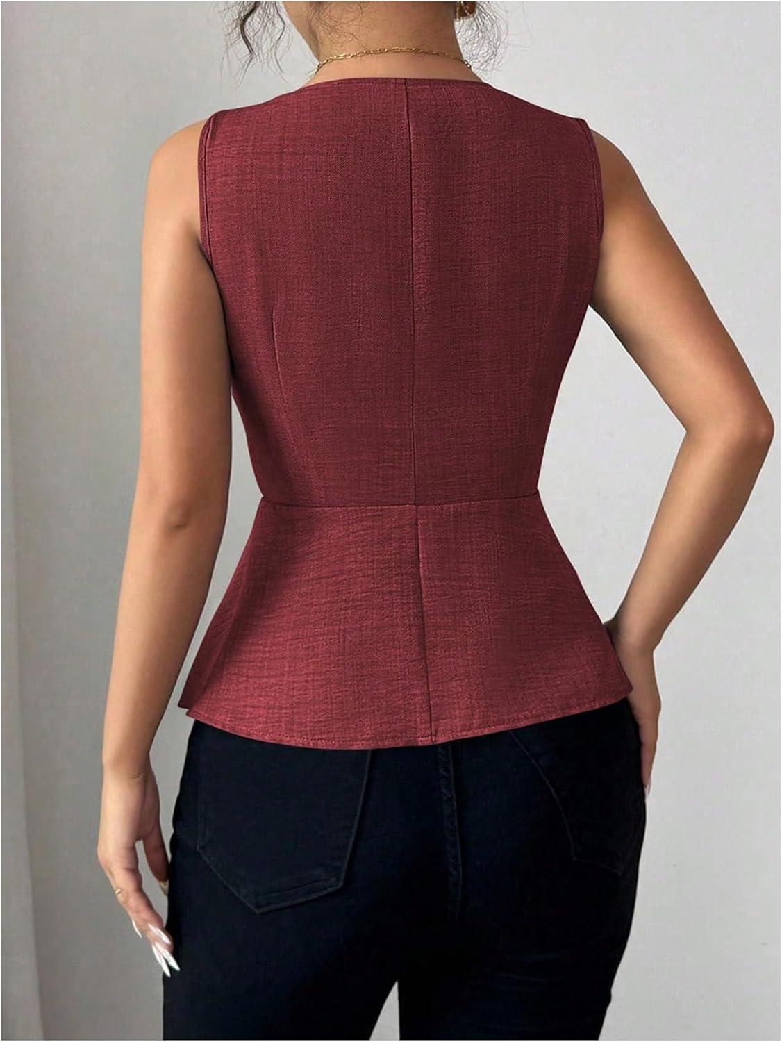 imageFloerns Womens Elegant V Neck Sleeveless Blouses Button Down Business Casual Peplum TopsBurgundy