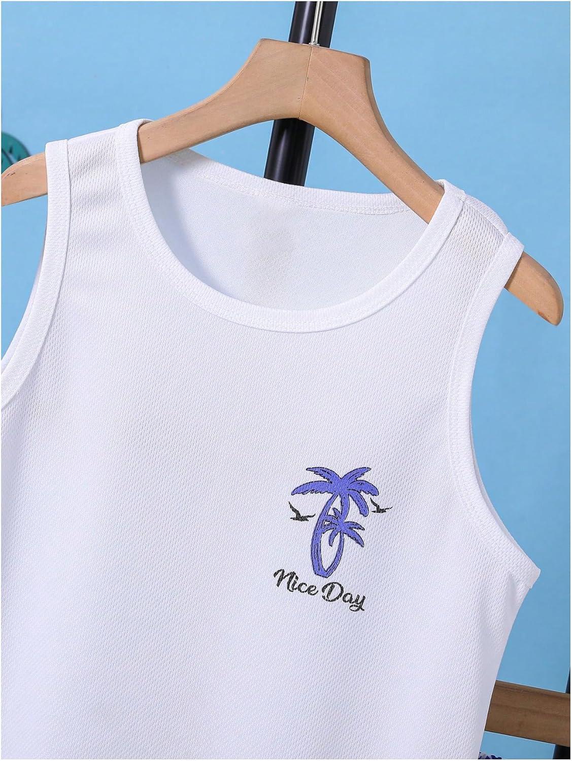 imageFloerns Boys Boho Sleeveless Tank Top Tropical Print Shorts Set 2 Piece OutfitDark Blue and White