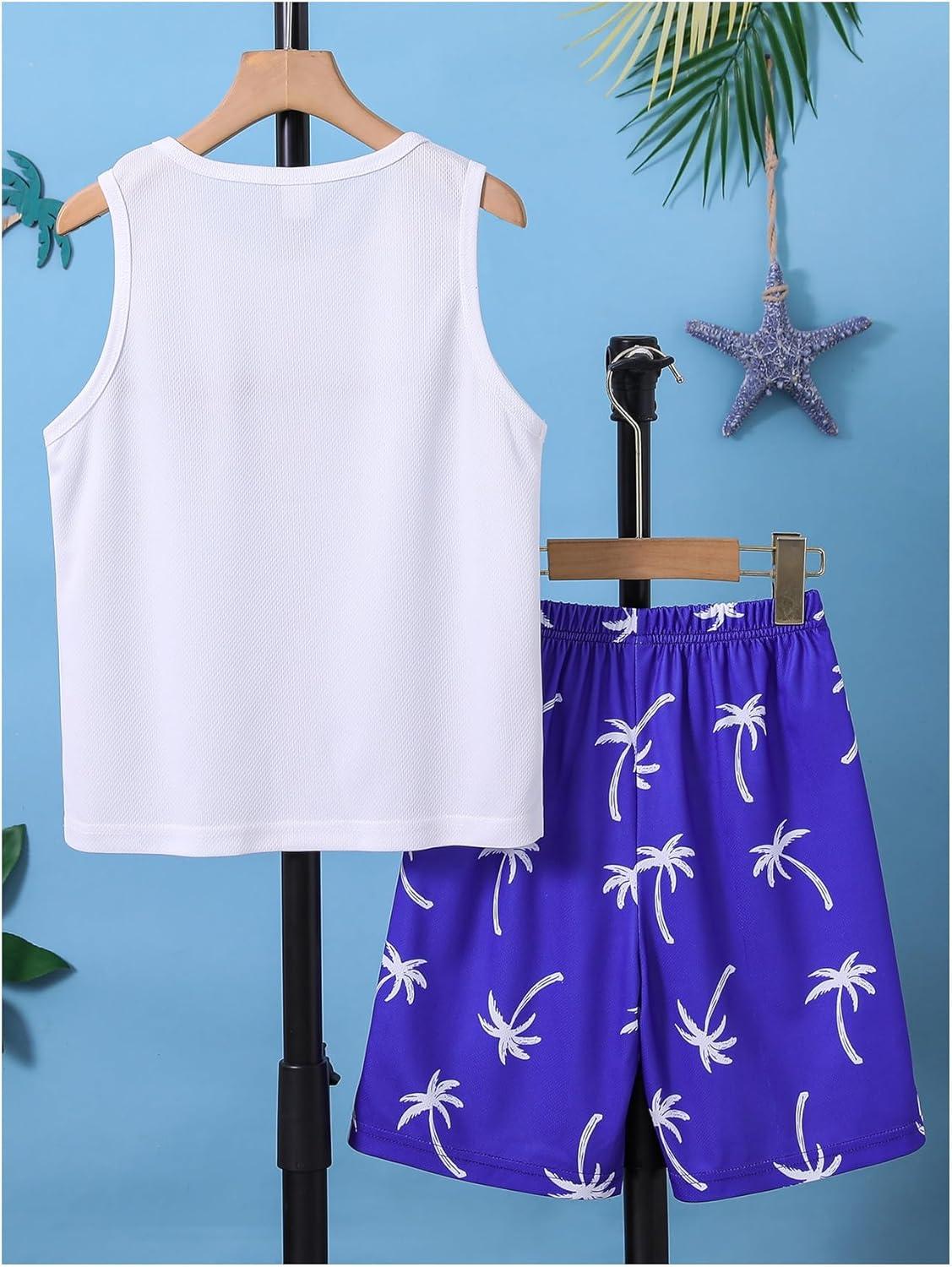 imageFloerns Boys Boho Sleeveless Tank Top Tropical Print Shorts Set 2 Piece OutfitDark Blue and White