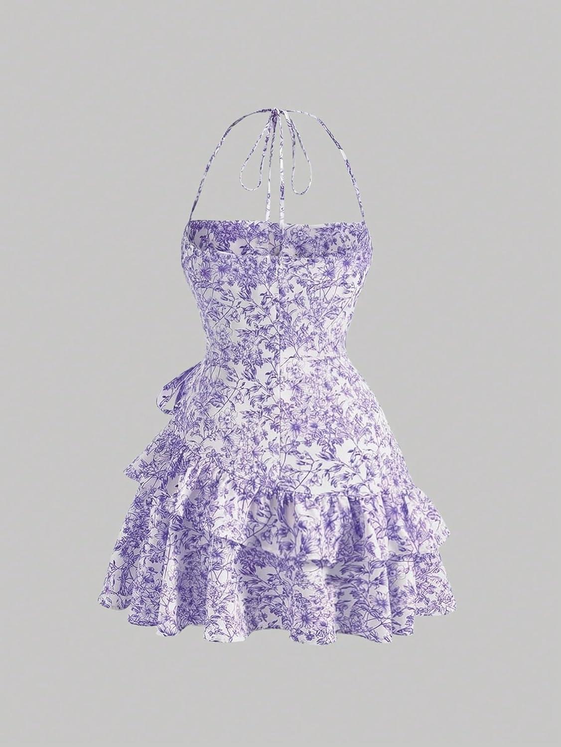 imageFloerns Womens Floral Halter Ruffle Tiered Cute Summer Mini Dress Milkmaid Vacation SundressMauve Purple
