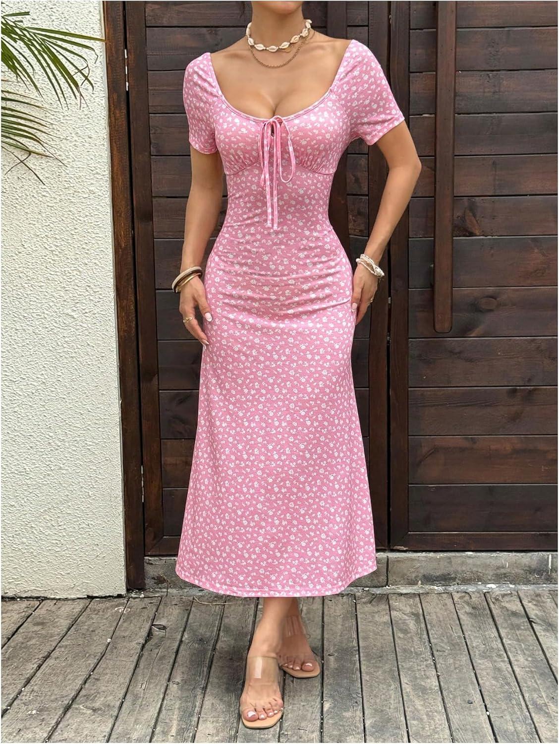 imageFloerns Womens Floral Tie Front Midi Beach Dress Short Sleeve Wedding Guest DressesPink
